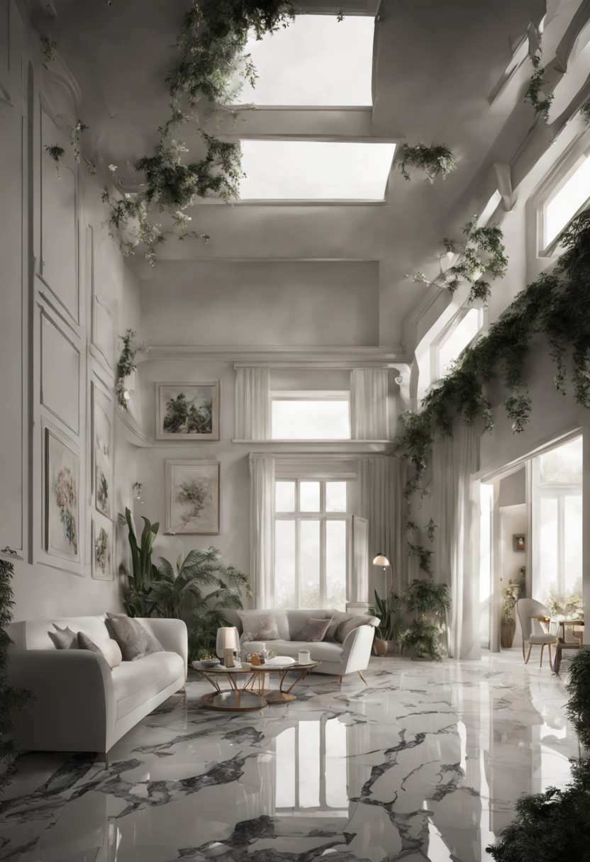 cottagecore, lots of furniture, wall art, plants, flowers, cozy, chaotic, messy, disheveled.  apartment interior design, marble floor, High ceilings,art deco, photorealistic, cinematic lighting,