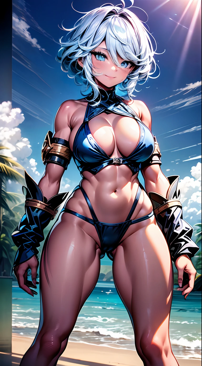 Furina from Genshin Impact), 1 girl, standing (on the beach), nails painted blue, (((arms on waist))), ((thong bikini)), (((muscular legs))), muscular belly , standing, barefoot, (short hair), medium breasts, eye reflection, glowing eyes, glowing eyes, evil smile, anime, anime style, cinematic lighting, glare, jpeg artifacts, glowing light, divine rays, ray tracing, panorama, Canon, UHD, masterpiece, textured skin, super detail, high details, best quality, high resolution, 16k