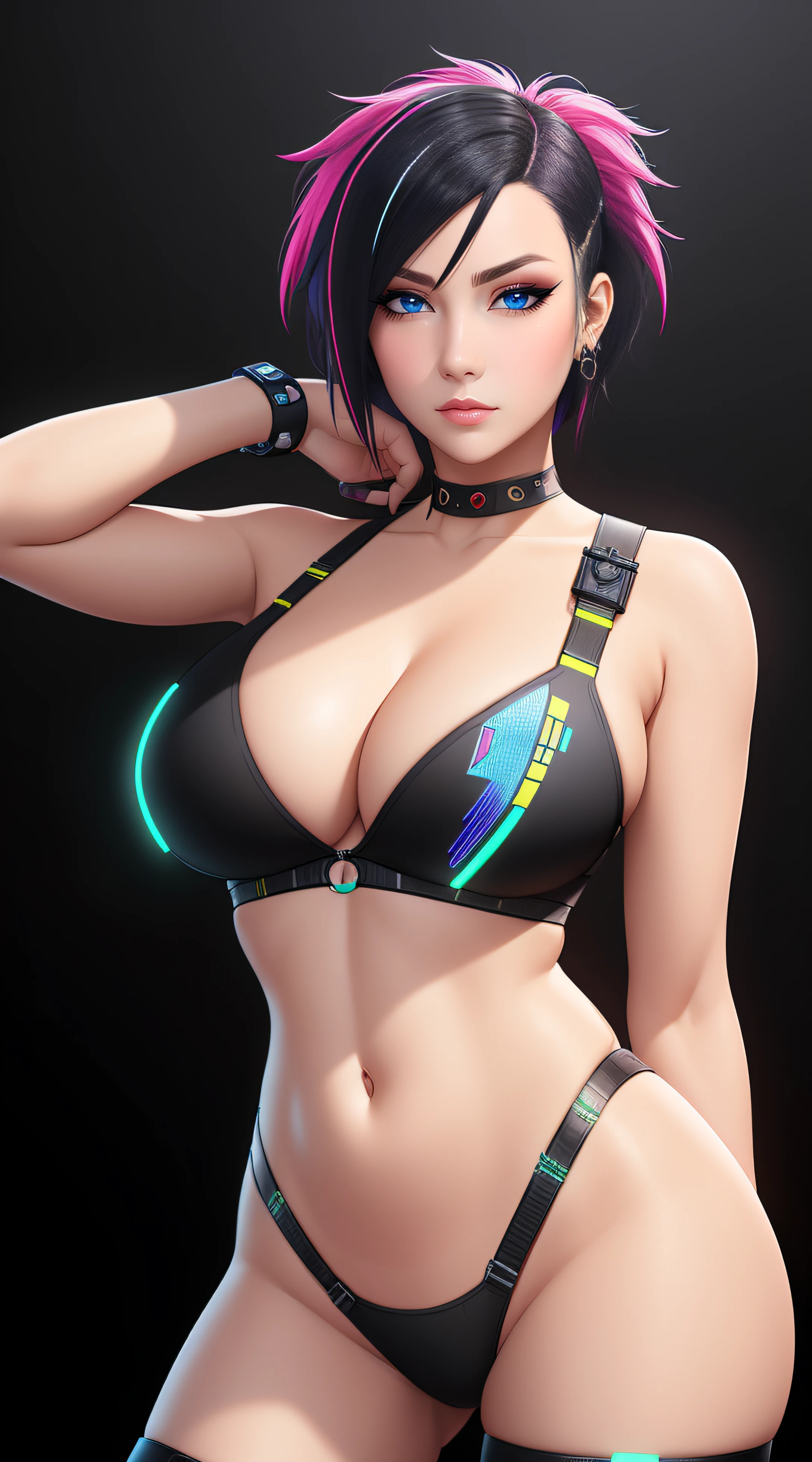there is a woman standing, Neon streaked Hair, cyberpunk femme fatale, seductive cyberpunk dark fantasy, cyberpunk strip clubs, cyberpunk 20 y. o model girl, oppai cyberpunk, Serious Face, Realistic Face Resolution, Realistic, Object Resolution, (plain black background:1.4), deep cleavage, banner, high definition cgsociety, cgsociety masterpiece, trending on cgstation, kda