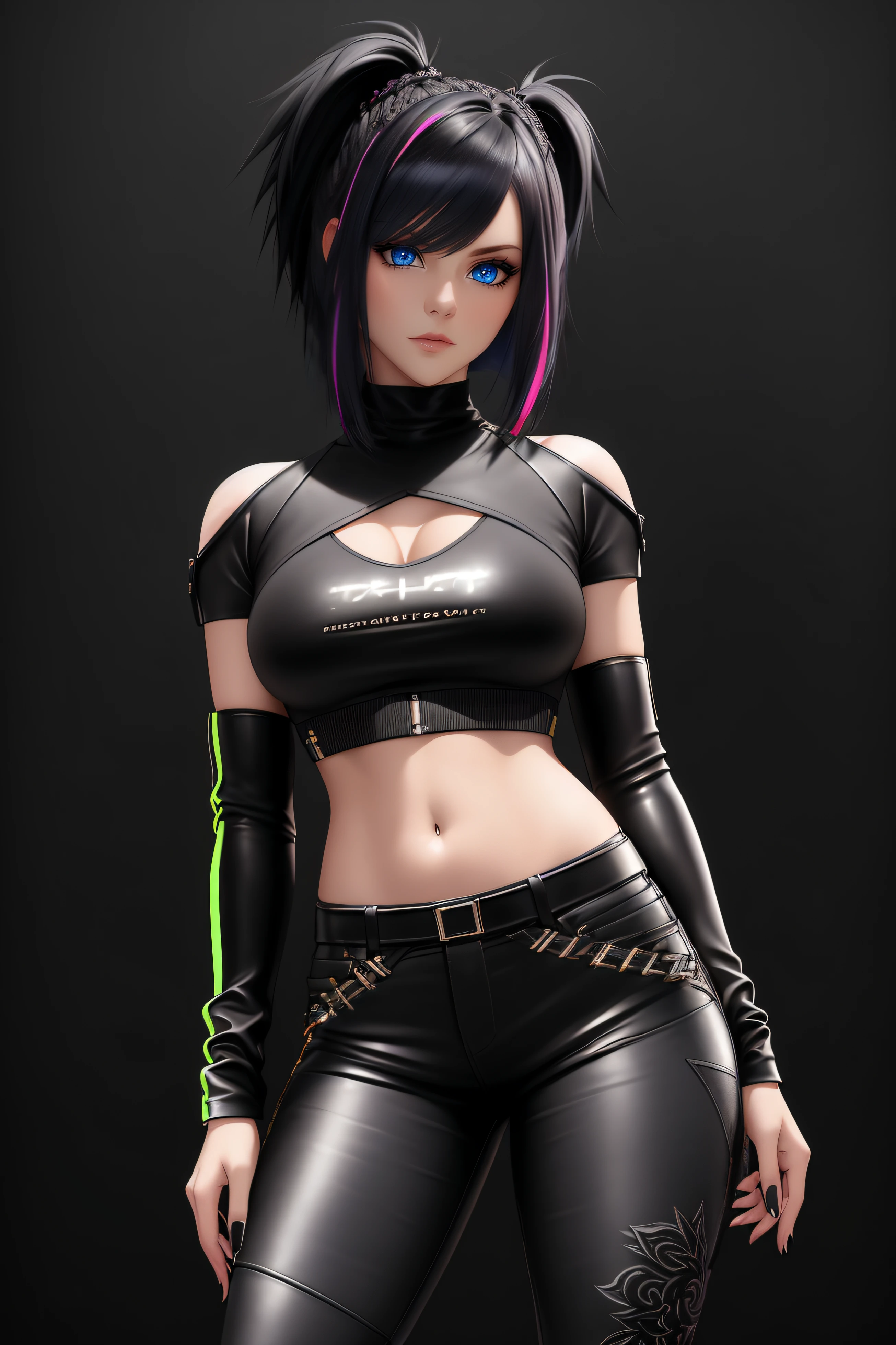 beautiful girl, ((standing:1.4)), (confident gaze:1.1), full body, short bright neon streaked black hair, ((realistic highly detailed eyes:1.4)), ((seductive pose:1.2)), black eyeshadow, (street style wear:1.2), ((tight fitted pants)), ((knee high leather boots)), ((dark plain black background:1.4)), dark makeup, digital art, trending on artstation, highly detailed, fine detail, intricate, detailed facial features, sharp focus, smooth, aesthetic,