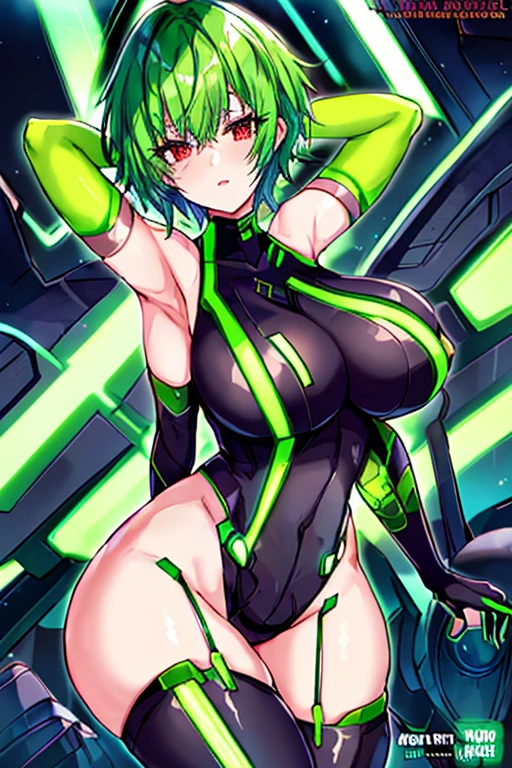 Green hair, bodysuit, short hair, tech, futuristic, science-fiction, neon trim, green neon trim, very short hair, red eyes, pantuhose, swaying hips, hip sway, breasts, large breasts, bouncing breasts, 1girl, arms behind back, hands behind head, thick thighs, wide hips