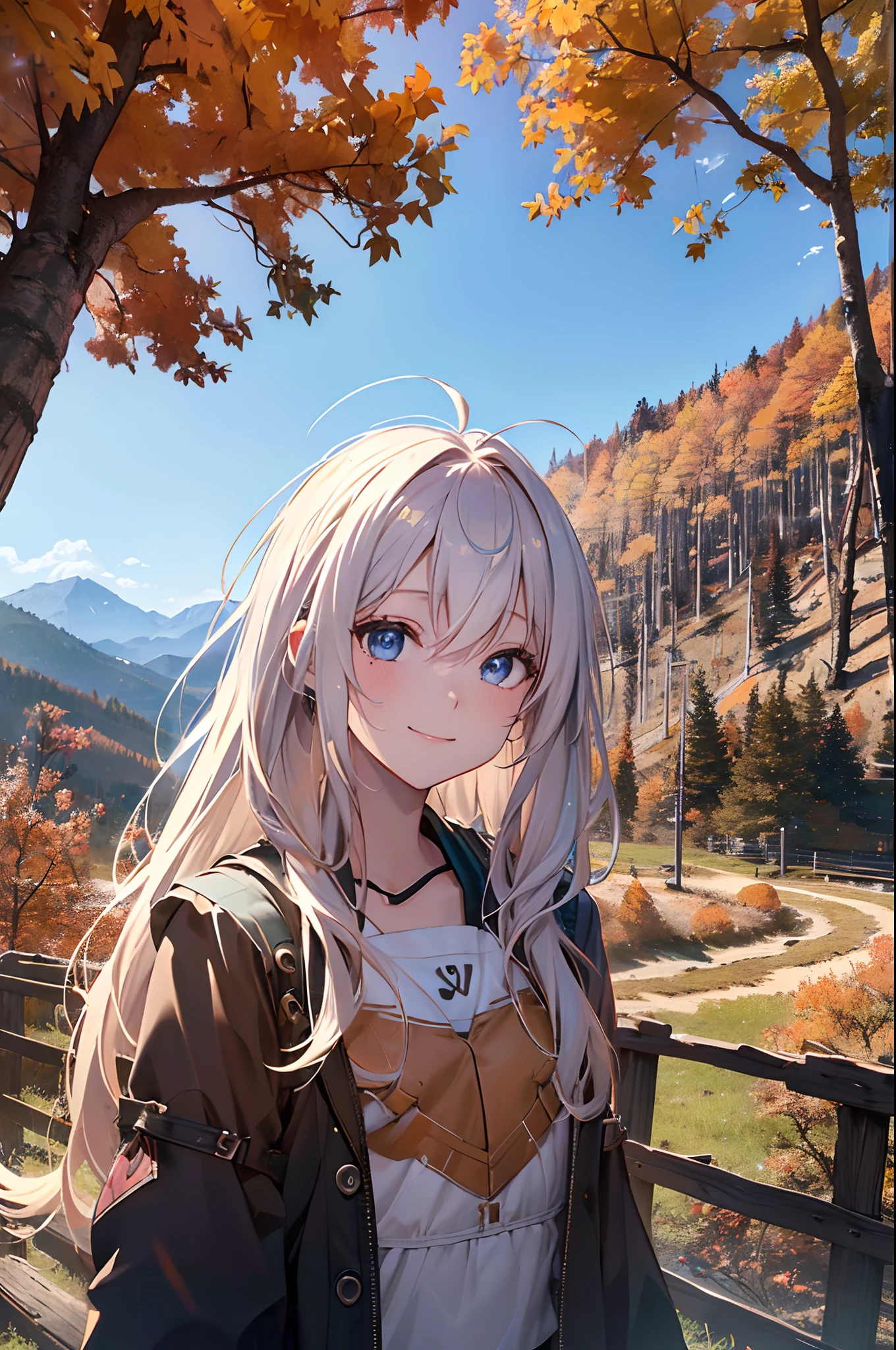 (bad-girl:1.1)、(Daytime:1.5)、(and chest:1.4)、Raw photography, top-quality, hight resolution, (masterpiece), (Photorealsitic:1.4), (Mole under the eyes),Anime Cosplay, foco nítido, nffsw, 8K分辨率, intricate detailes, depth of fields, the Extremely Detailed CG Unity 8K Wallpapers, front lit, femele,25-years old、 Happy face,Smiling、(What to wear on a hike:1.5)、(Medium Showtrain Bo Hair)、(hiking:1.3)、blue eyess,(mont:1.5)、(Autumn forest in the background:1.3)、(steam:1.2)、autumn forest、Autumn sky、Hiking Hut