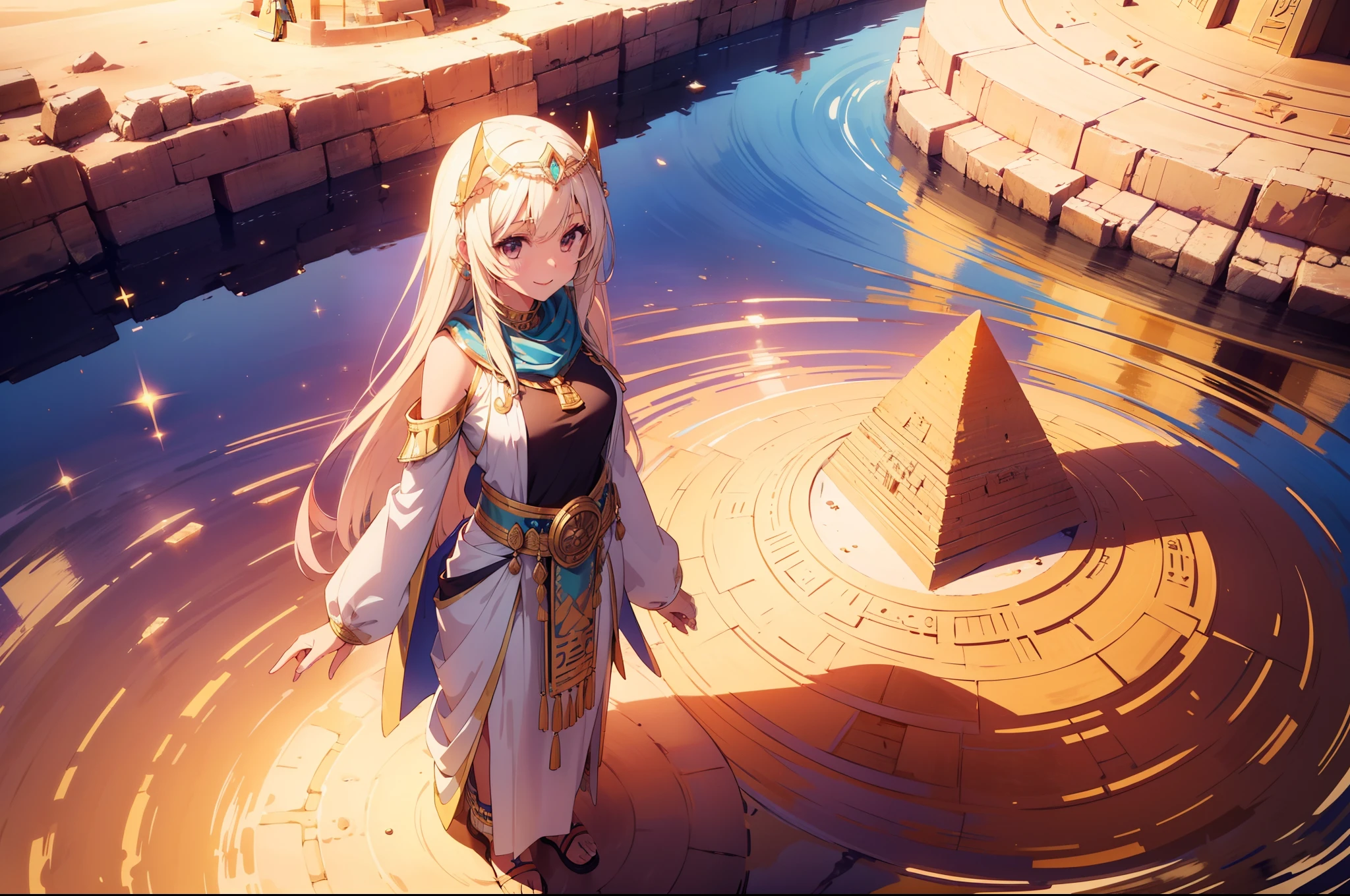 1 cute girl, egyptian traditional costume , full body , standing in oasis, ripples , desert , character focus ,cinematic lighting, (from above:0.6), pyramid in distance,smile , ((masterpiece)), ((best quality)), ((ultra-detailed)), (illustration), ((an extremely delicate and beautiful))