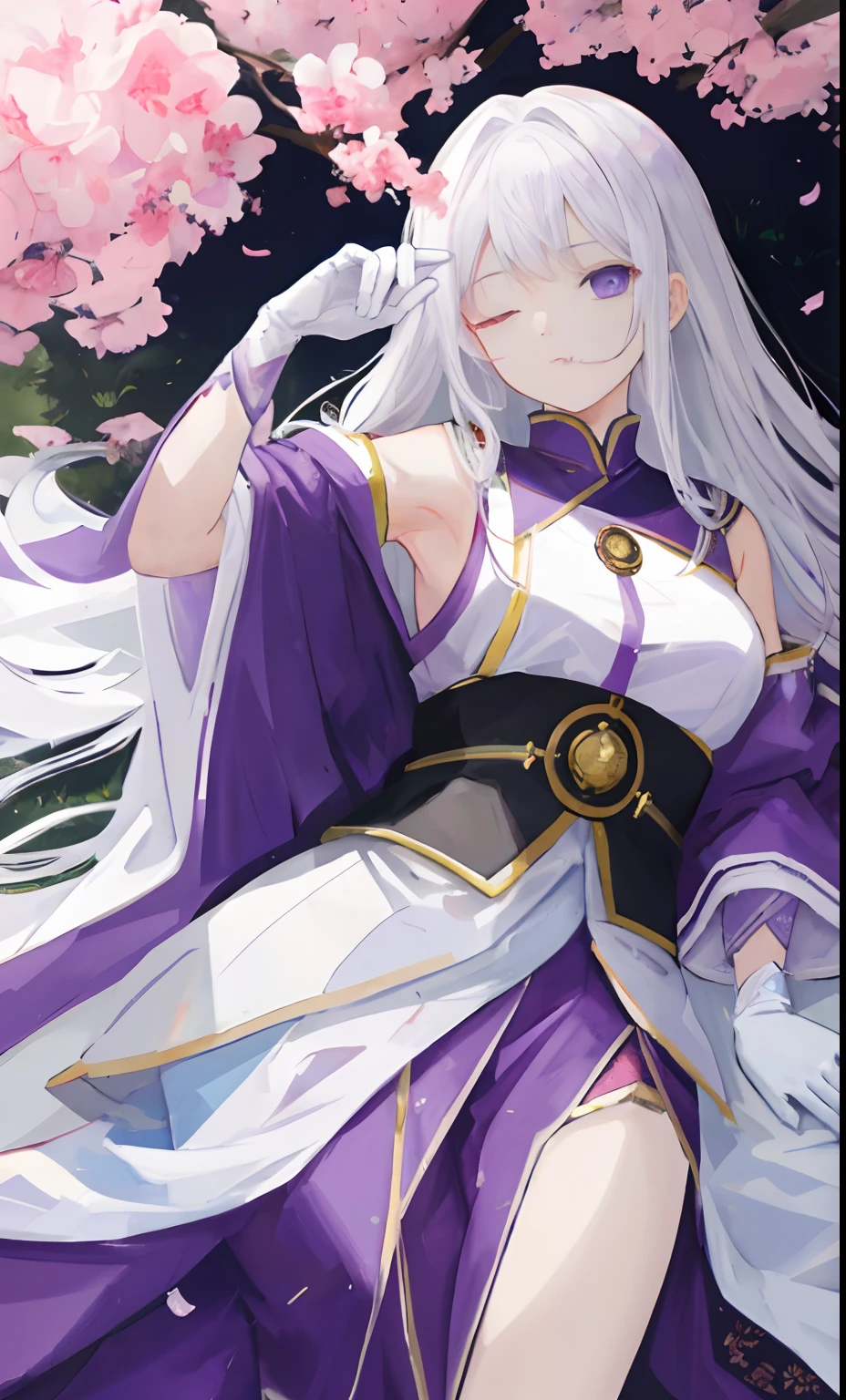 Two-dimensional painting style，female emperor，With his eyes closed，White hair，Wear purple robes，Long white gloves are worn on the elbows(Must be above the elbow)，Lie under a tree