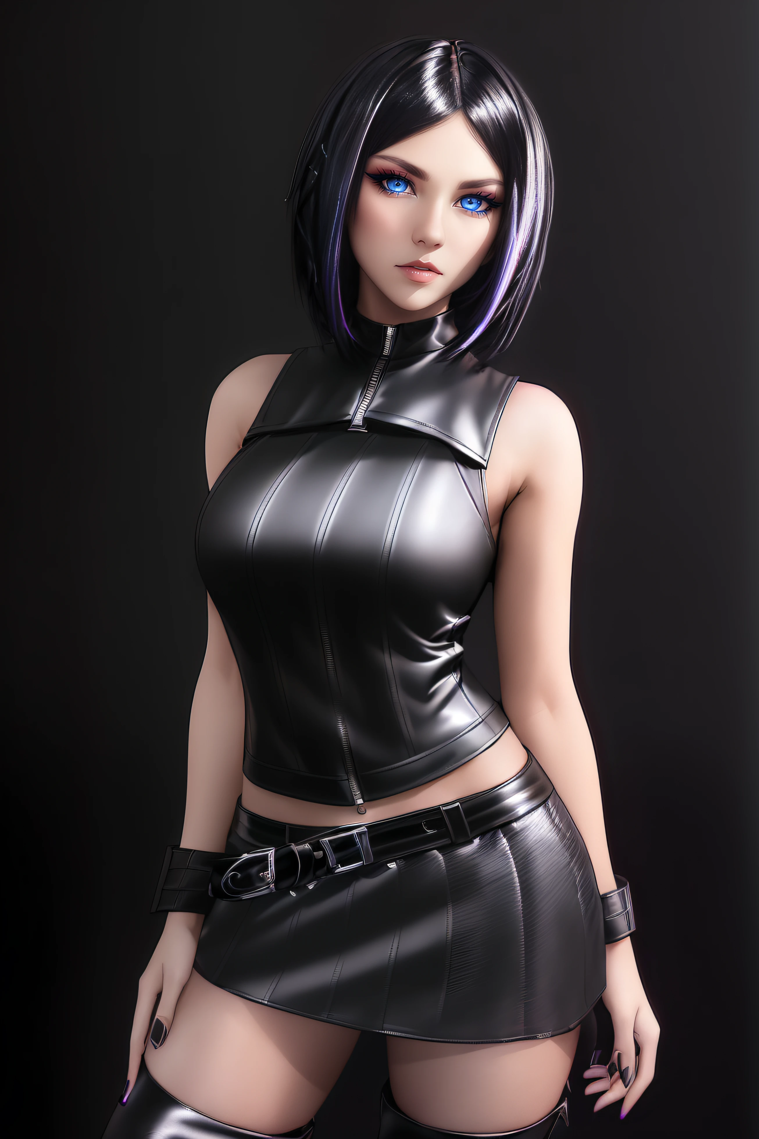 25-Year-Old Woman, Full Body, Adult, ((standing:1.4)), (confident gaze:1.1), short bright neon streaked black hair, ((realistic highly detailed eyes:1.4)), ((seductive pose:1.2)), black eyeshadow, (street style wear:1.2), ((short skirt)), ((knee high leather boots)), ((dark plain black background:1.4)), Serious Face,Realistic Face Resolution,Realistic,Object Resolution