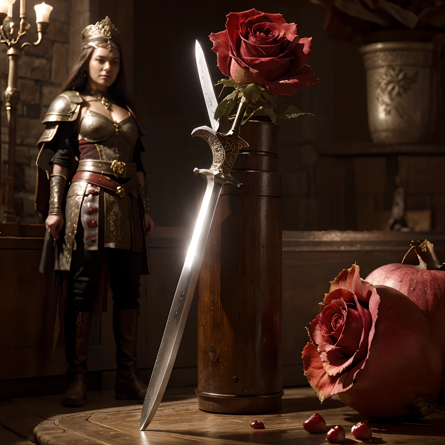 The tip of the legendary sword is embedded in the pomegranate and red rose, Full scene