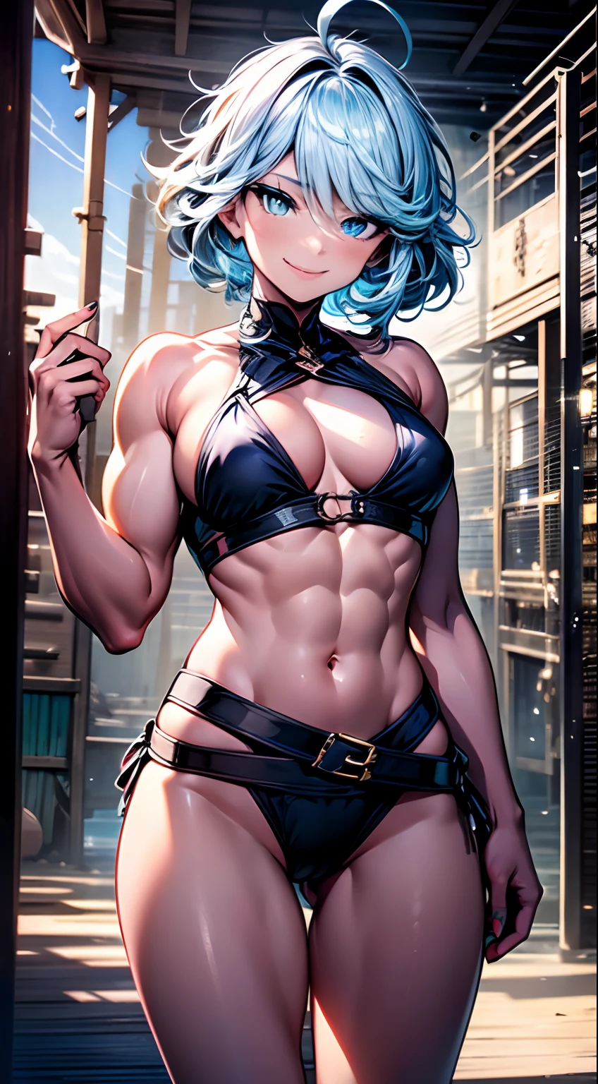 Furina from Genshin Impact), 1 girl, standing (on the beach), nails painted blue, (((arms on waist))), ((thong bikini)), (((muscular legs))), (( (showing her ass to me))), muscular belly, standing, barefoot, (short hair), medium breasts, eye reflection, glowing eyes, glowing eyes, evil smile, anime, anime style, cinematic lighting, glare, artifacts jpeg, bright light, divine rays, ray tracing, panorama, Canon, UHD, masterpiece, textured skin, super detail, high details, best quality, high resolution, 16k