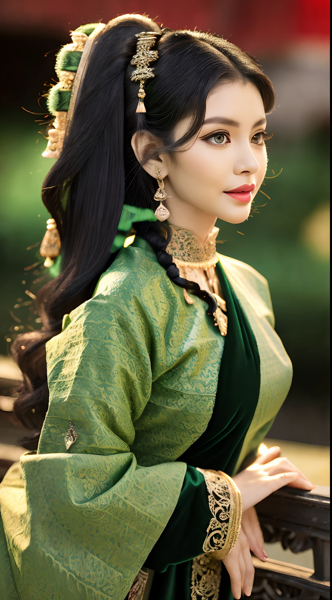 (photorealistic:1.2,high resolution,1woman,mature female,beautiful detailed green eyes,beautiful glowred lips,solo,hips up,black long wavy hair,intricate details,detailed texture,finely detailed,flowing Burmese green dress,back view)