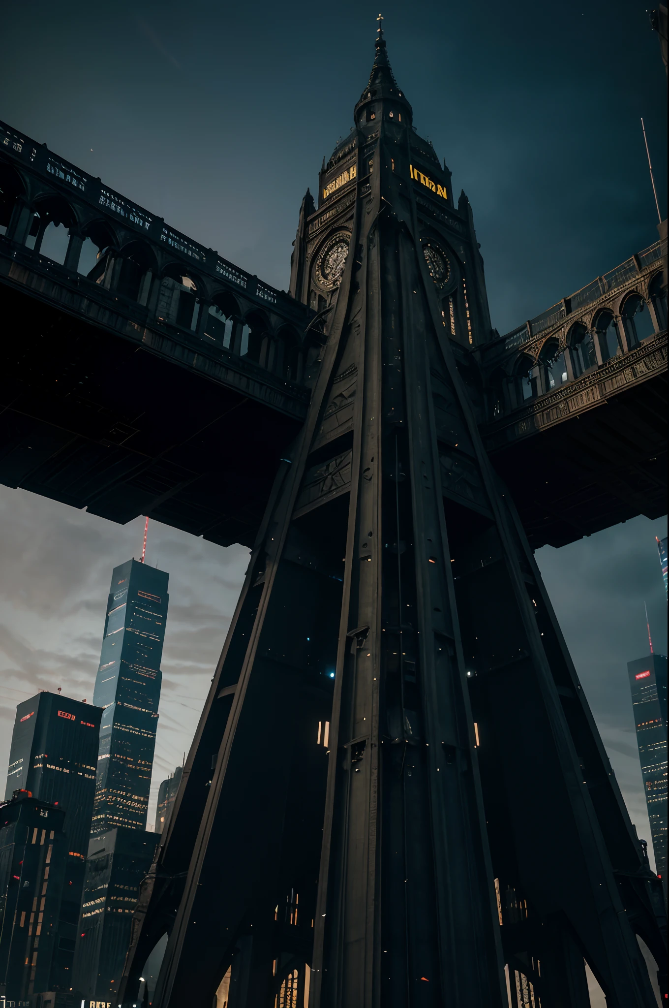 An iron structure with Gothic allegories and a cyberpunk style, a tower that brings together all religions stands in the middle of a metropolis that is the capital of the world in the year 2060.
It is night, the sky is chaotic and the world is restless.
Style: Ultra realistic, HDR, cinematic, cinema.
