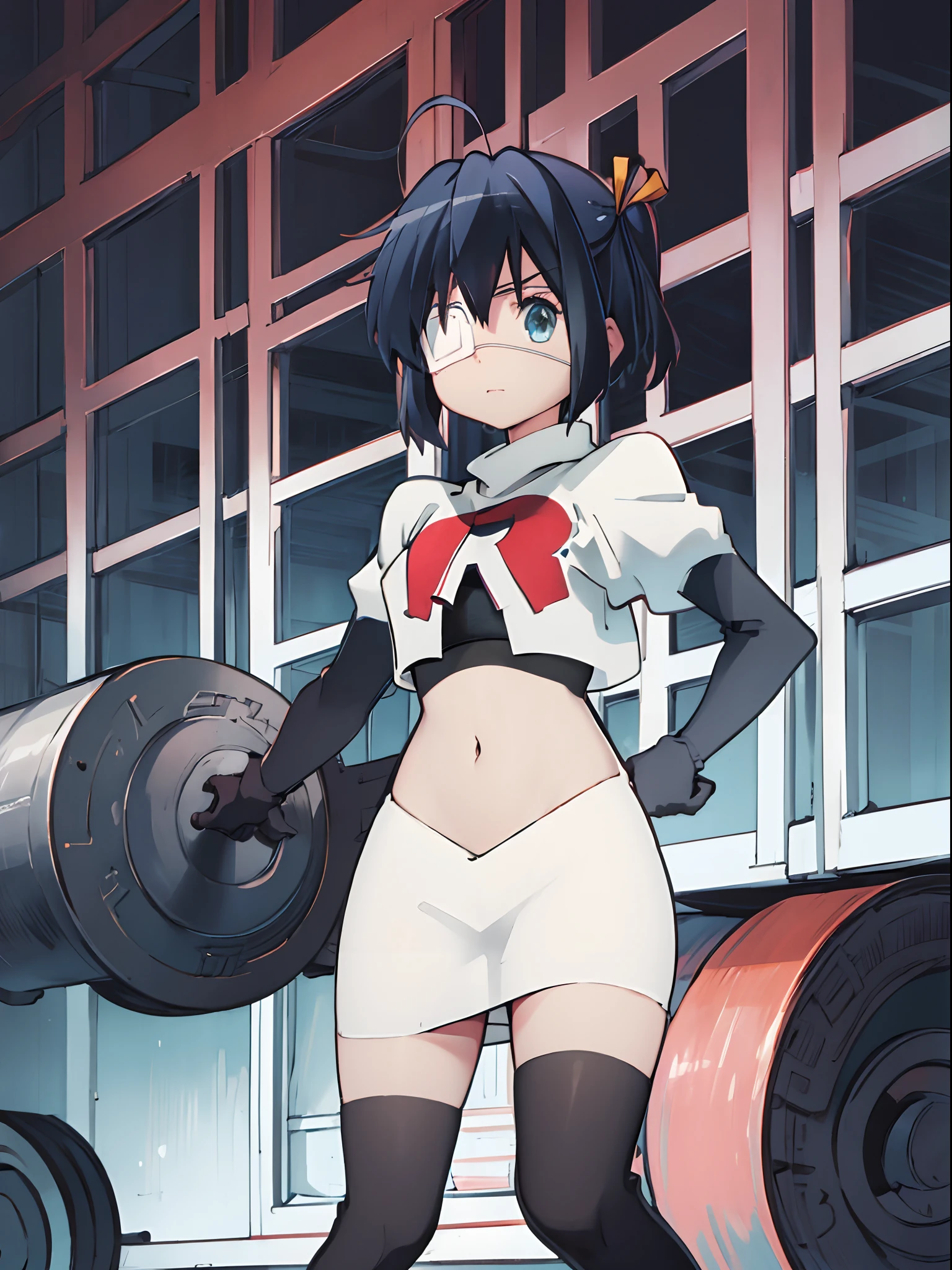 ph rikka, 1girl, :o, jacket, blazer, aqua eyes,team rocket,team rocket uniform,white skirt,crop top,black thigh-high boots,black elbow gloves,