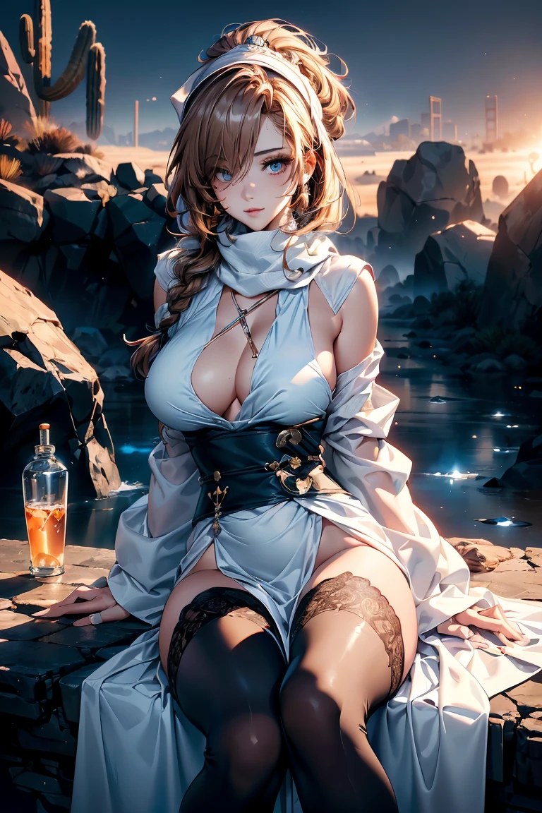 a matured woman with long black hair and a white outfit, (at a rock place in a desert:1.5), (resting in oasis:1.2, holding metal water bottles:1.3, standing:1.3, with cross-legged:1.3, with lifting arms, in front of Arabic ruins:1.2), Arabic, (Post apocalyptic:0.2), from arknights, artwork in the style of guweiz, bodyesbian, fine details. girls frontline, beautiful anime illustration, from girls frontline, by Yang J, stunning, 26 years old, (milf:1.3), (solo:1.5), (sfw:1.25), sagging breast, fuge breasts, big tits, thin waist, big ass, Raised sexy, (dark mahogany medium short hair, updo, hair over one eye, asymmetric hair, Carly hair, low tied braids),(musulman, white Headscarfs, hair bands, head vandage, Turban), (ultra high resolution, 8K RAW photo, photo realistics, thin outline:1.3, clear focus), best qualtiy, natural lighting, textile shading, blurry back ground, field depth, bokeh, (Bright pupils, fine detailed beautiful eyes with highlight:1.2, high detailed face), Red lip, looking at viewers:1.3, (dynamic angle:1.2, front view:1.2, breast focus:1.3, from above:1.1), dynamic posing, (sexy posing:1.2, leaning forward), seductive smiling:1.2, center image, (wearing white long jacket and clothes, wearing white robes, ((bare breast:1.37)), platinum ornaments, rolling white clothes around waist, camel-brown long leather boots:1.3, translucent lace pantyhose), ((correct anatomy:1.5)), ((outdoor:1.2, in a night:1.3)),