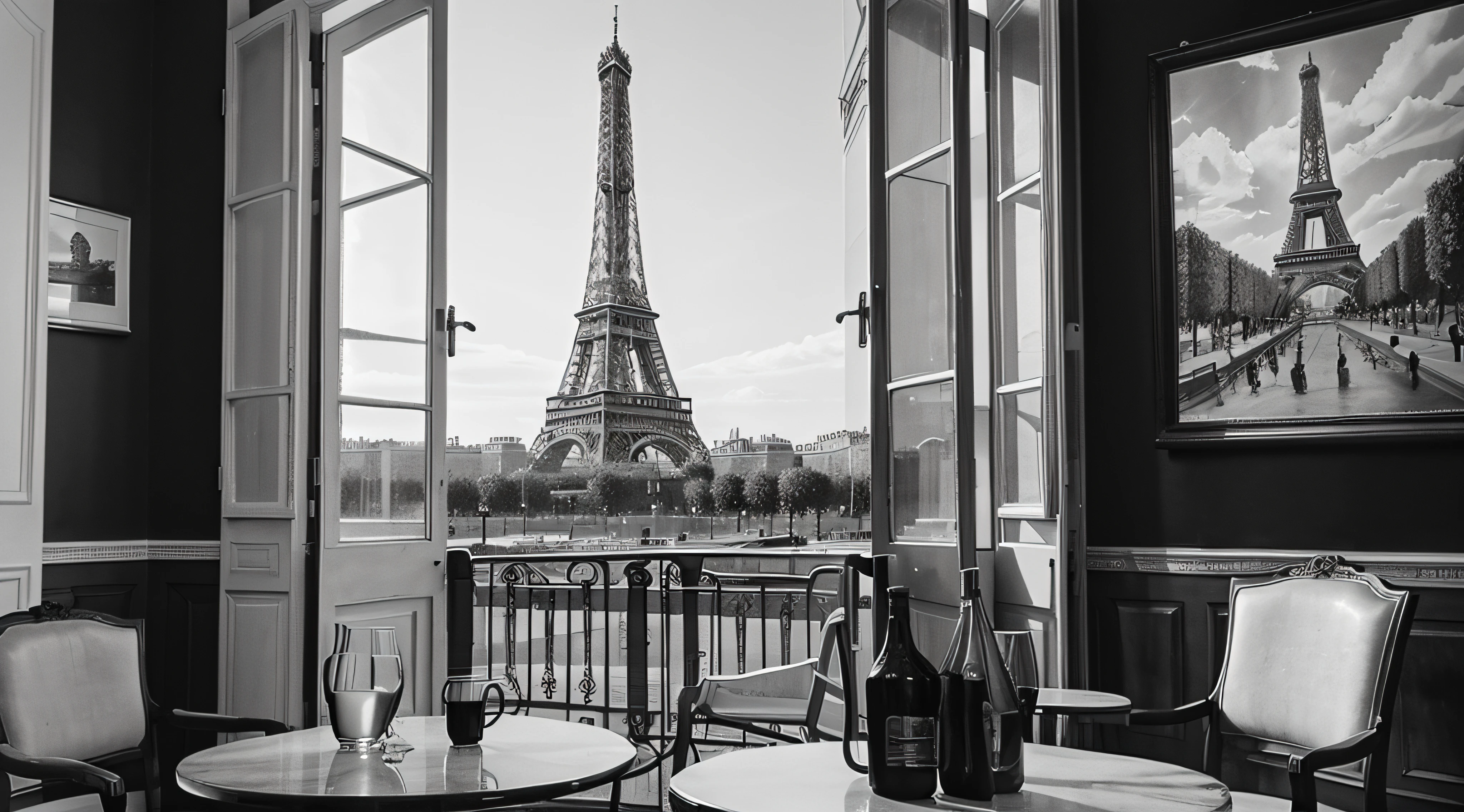 black and white, bistro, sketch, paris, eiffel tower, fine art, pencil