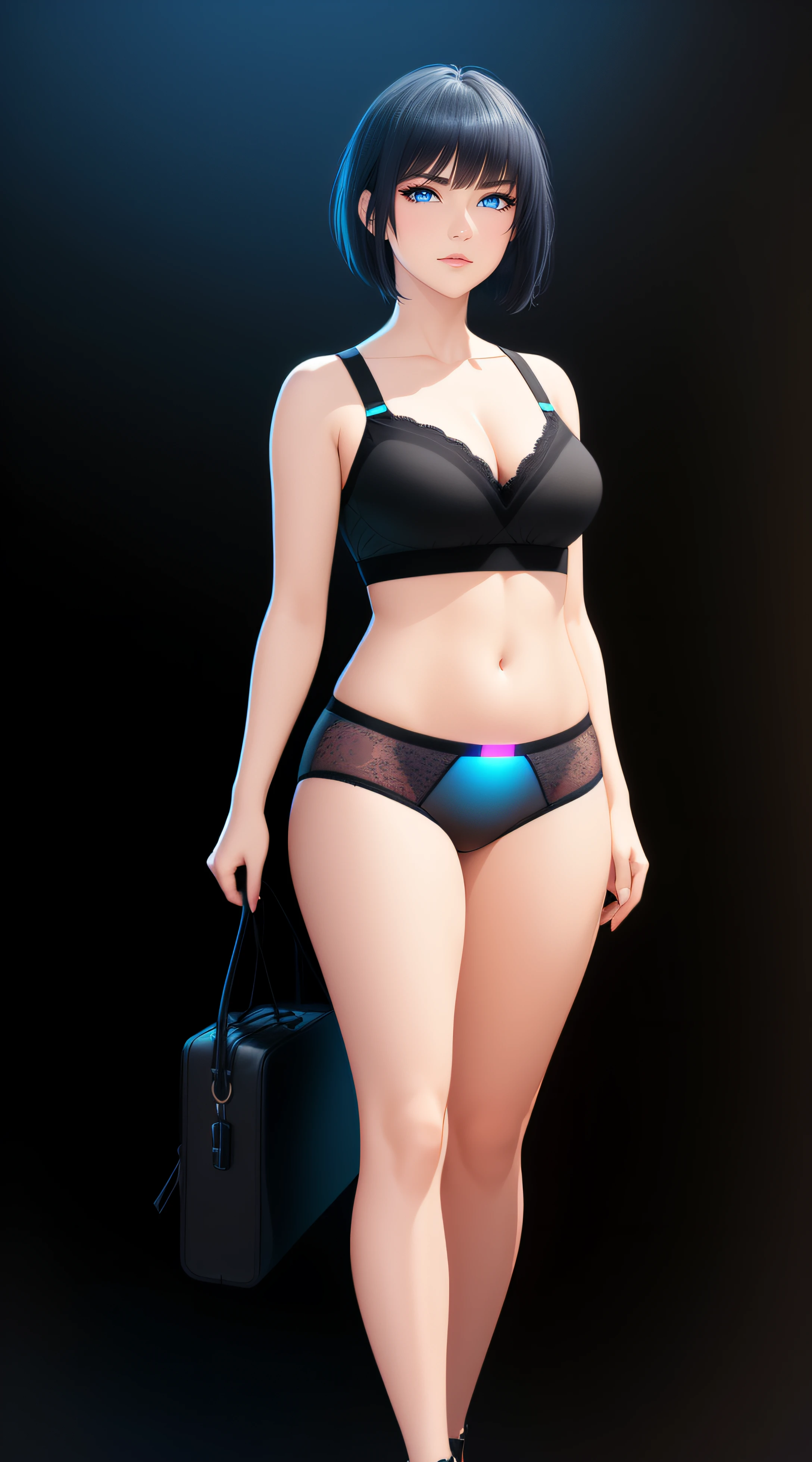 25-Year-Old Woman, Full Body, Adult, Dark Blue Water-Colored Eyes, Neon Lighting, Black Bob Short Hair, lace underwear, Serious Face, Realistic Face Resolution, Realistic, Object Resolution, ((dark plain black background:1.4))