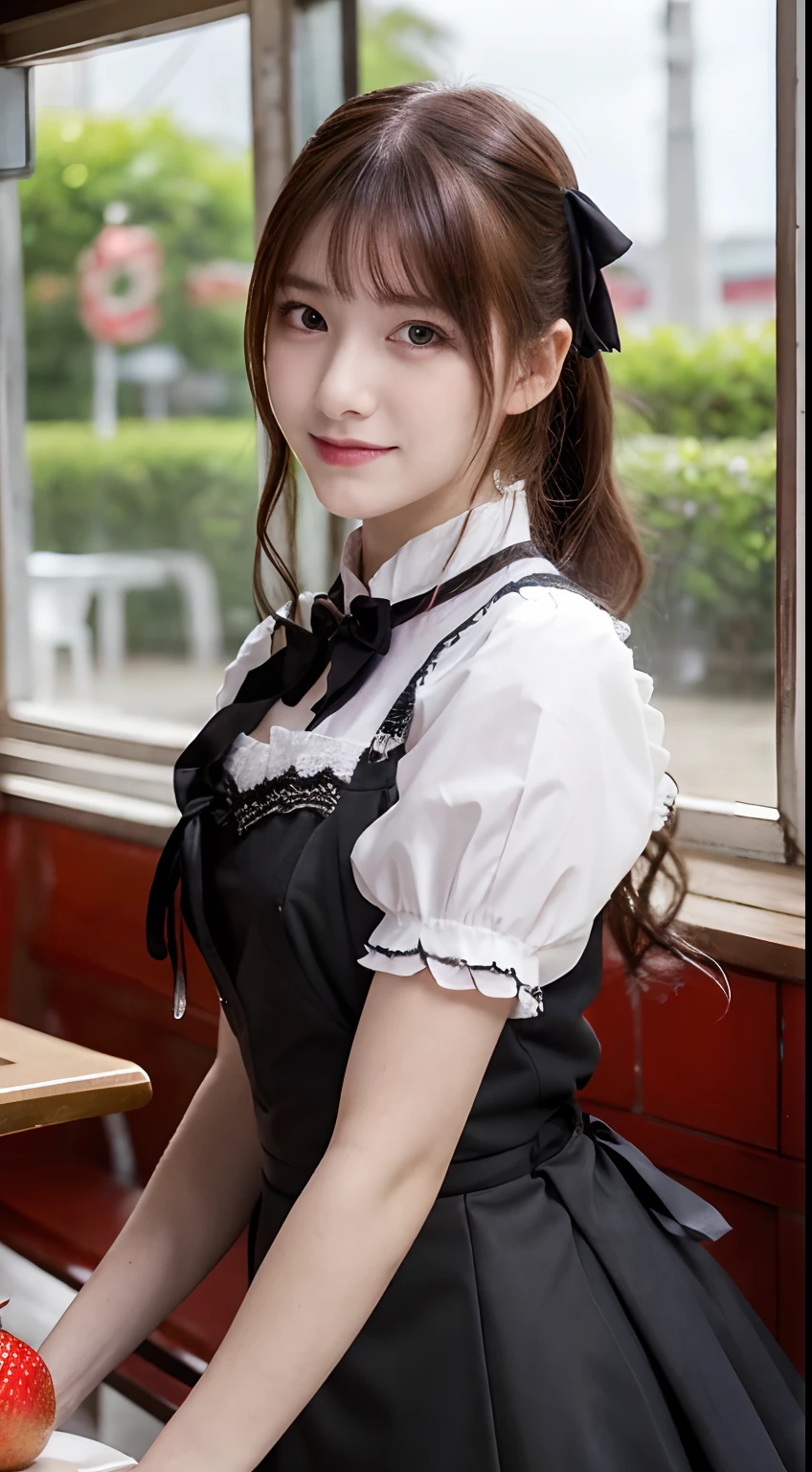 promo photo, The place is a seaside cafeteria，1 girl, 16-year-old face, waitresses, Red-headed twin-tailed, Gentle face, Gothic ****ta half costume and maid costume with strawberry image, Clothes based on white,