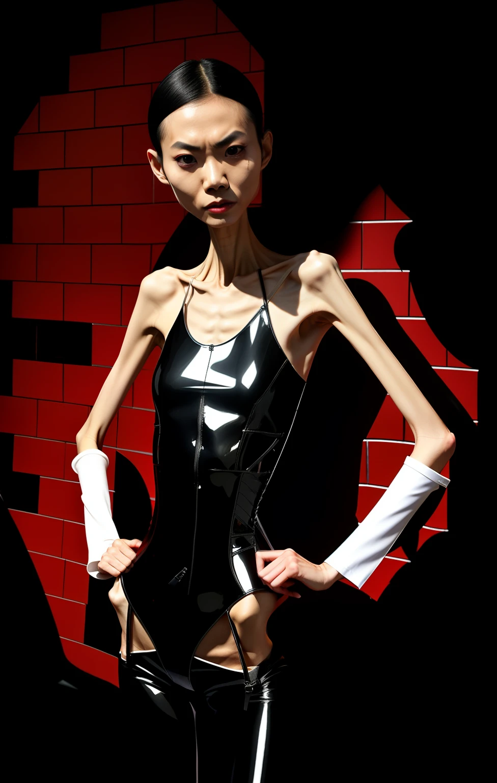 Extremely thin woman, A thin body，Protruding sternum，The waist is slender，The ribs are noticeable，Protruding ribs，The pelvis is very pronouncedly protruding，The pelvis is markedly elevated，White skin of the，Thin shoulders，Very slim waist，Extremely skinny，Sunken abdomen，Skin and bones，short detailed hair，Haggard face，Wear tight latex clothing，Asian face，The body is as thin as a skeleton，angry look