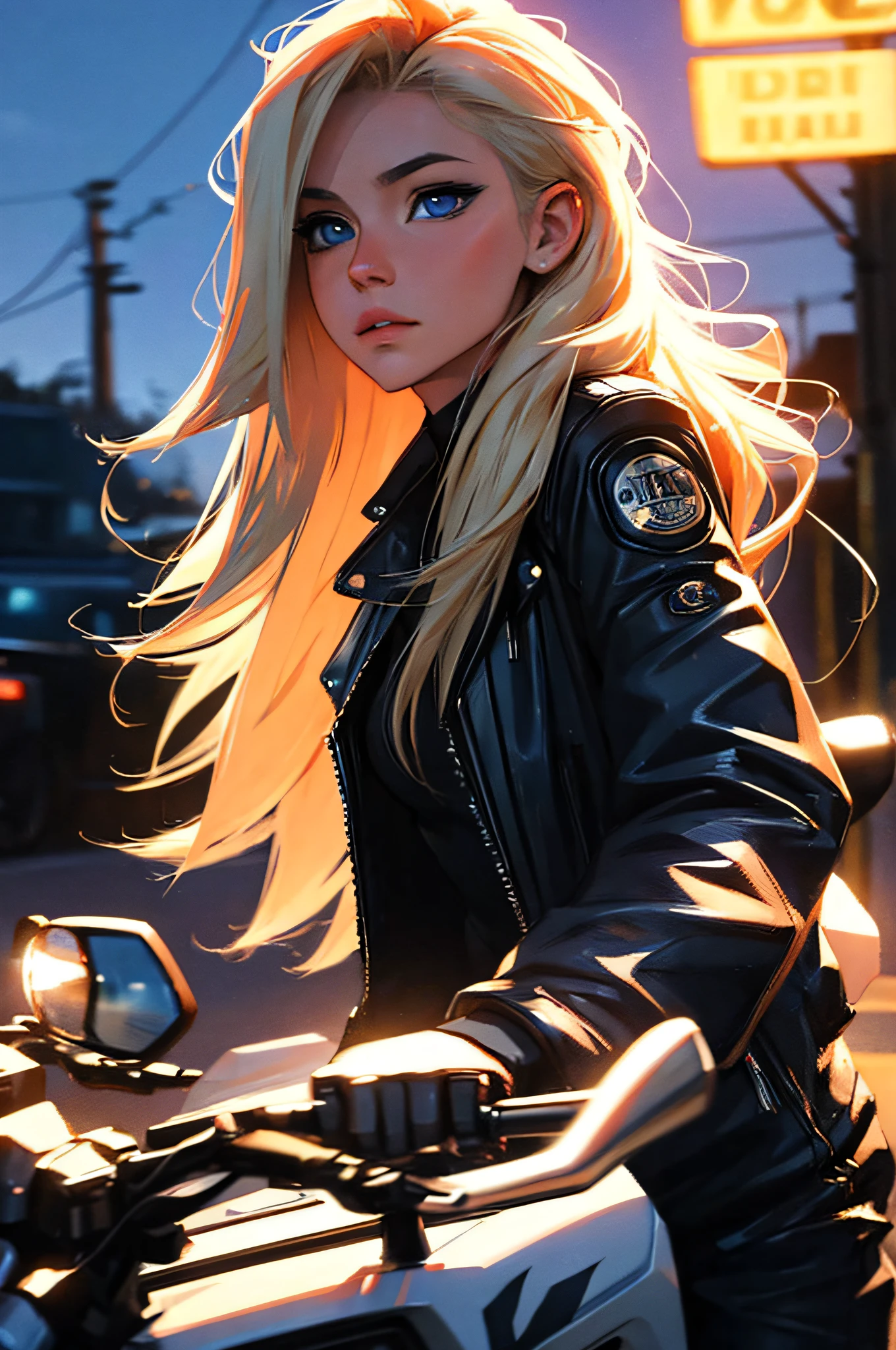 Science-fiction, blond hair, blue eyes, in a motorcycle, Passing night landscape, A beautiful girl with, UHD Portrait, (High quality) (ultra details) Looking at the viewer in a motorcycle jackets; different, colorfully, long hair.