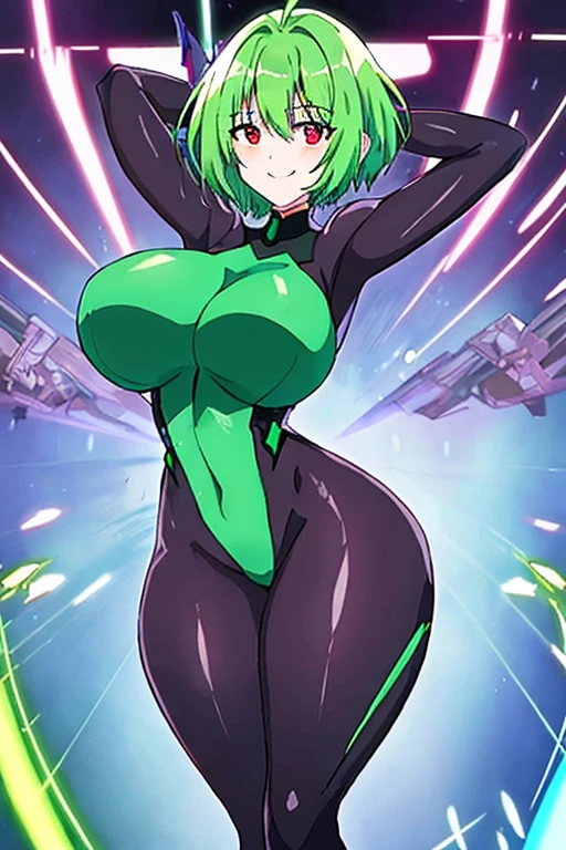 Green hair, bodysuit, short hair, tech, futuristic, science-fiction, neon trim, green neon trim, very short hair, red eyes, pantuhose, swaying hips, hip sway, breasts, large breasts, bouncing breasts, 1girl, arms behind back, hands behind head, thick thighs, wide hips, anime style, anime screencap, 2d, light smile, dancing, sway