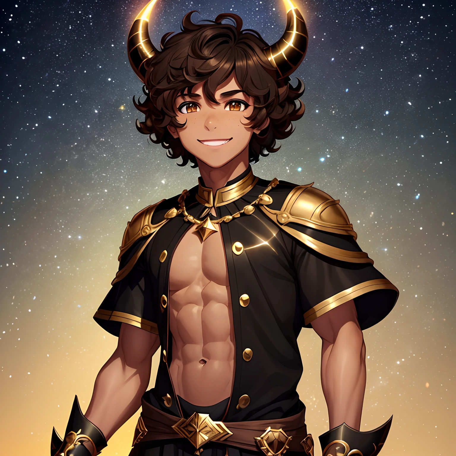 Tall boy, slim physique, tan skin, freckles, brown eyes, brown curly hair, glowing eyes, midnight background, very detailed outfit, magical powers, black and gold horns, posing with a smile