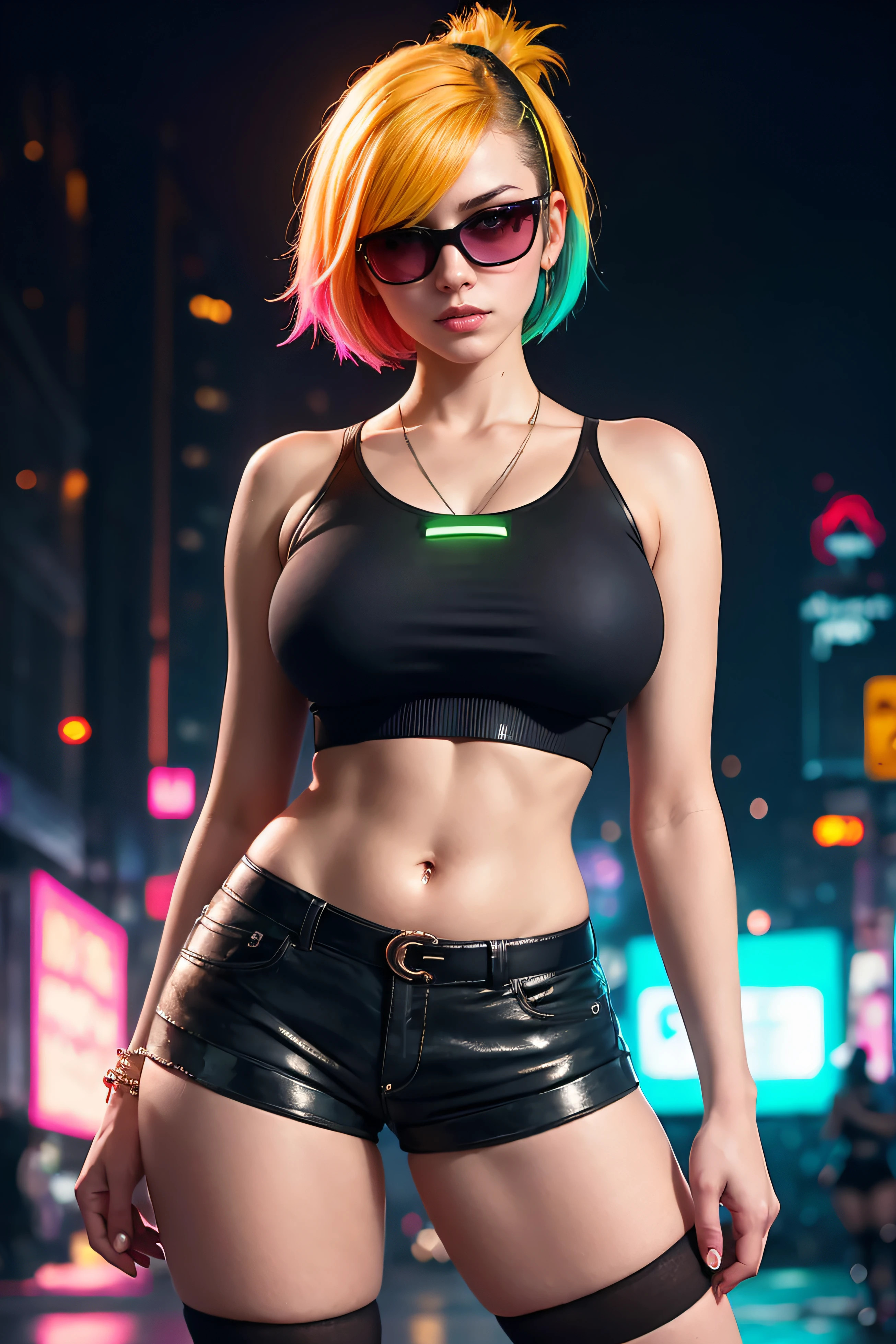 there is a woman standing with a rainbow light, 3 d neon art of a womans body, neon-noir background, cyberpunk femme fatale, seductive cyberpunk dark fantasy, ((tight shorts:1.4)), cyberpunk strip clubs, cyberpunk 20 y. o model girl, oppai cyberpunk, banner, high definition cgsociety, cgsociety masterpiece, trending on cgstation, kda