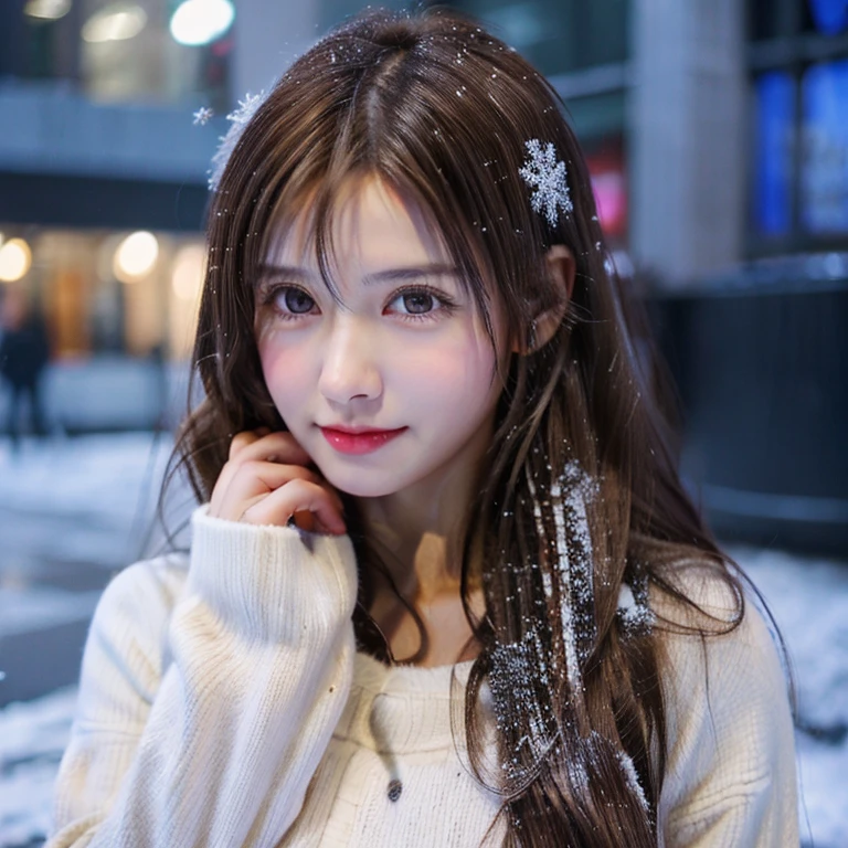 1 cutegirl, pretty eyes, brown eyes, long light brown hair, hair in motion, ringlets,
Snow falling in the city, a little accumulation. Snowflakes. Snowflakes in my hair.