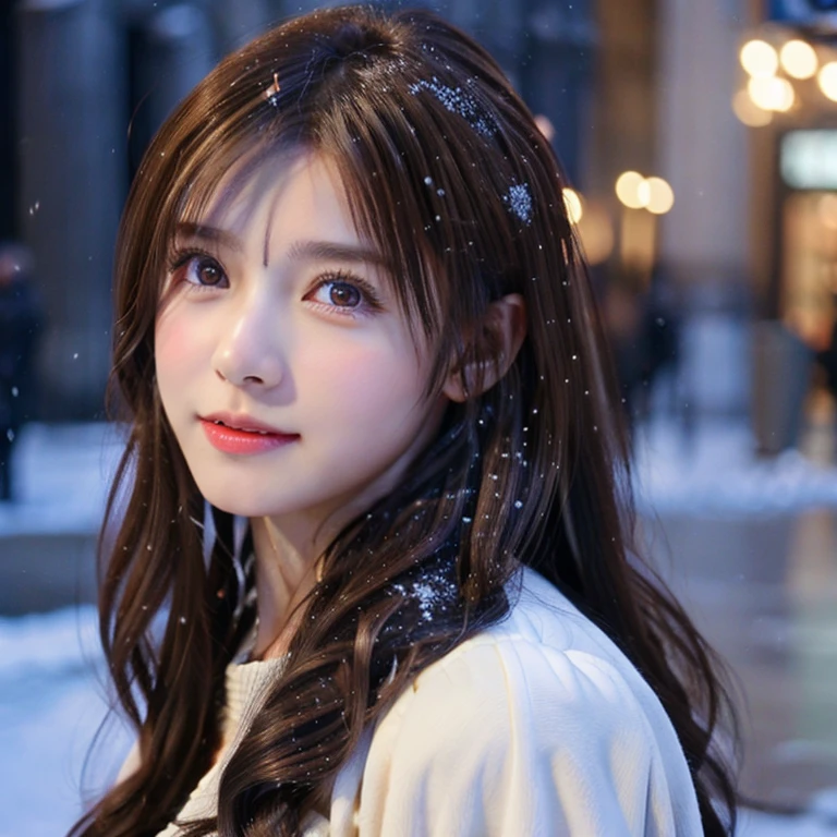 1 cutegirl, pretty eyes, brown eyes, long light brown hair, hair in motion, ringlets,
Snow falling in the city, a little accumulation. Snowflakes. Snowflakes in my hair.