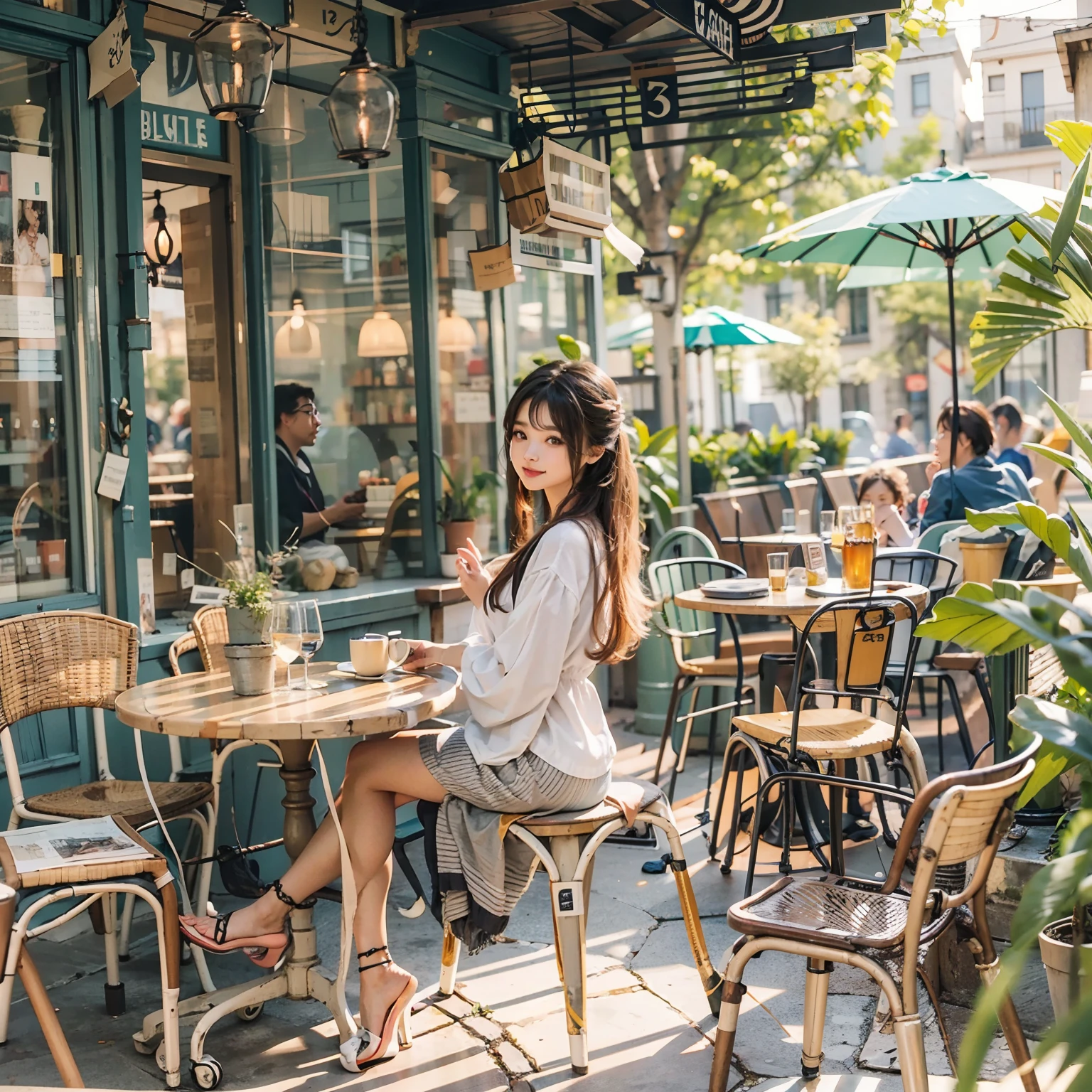 Girl sitting lazily in a charming outdoor café, Surrounded by cozy chairs and tables.Beautiful curly hair、