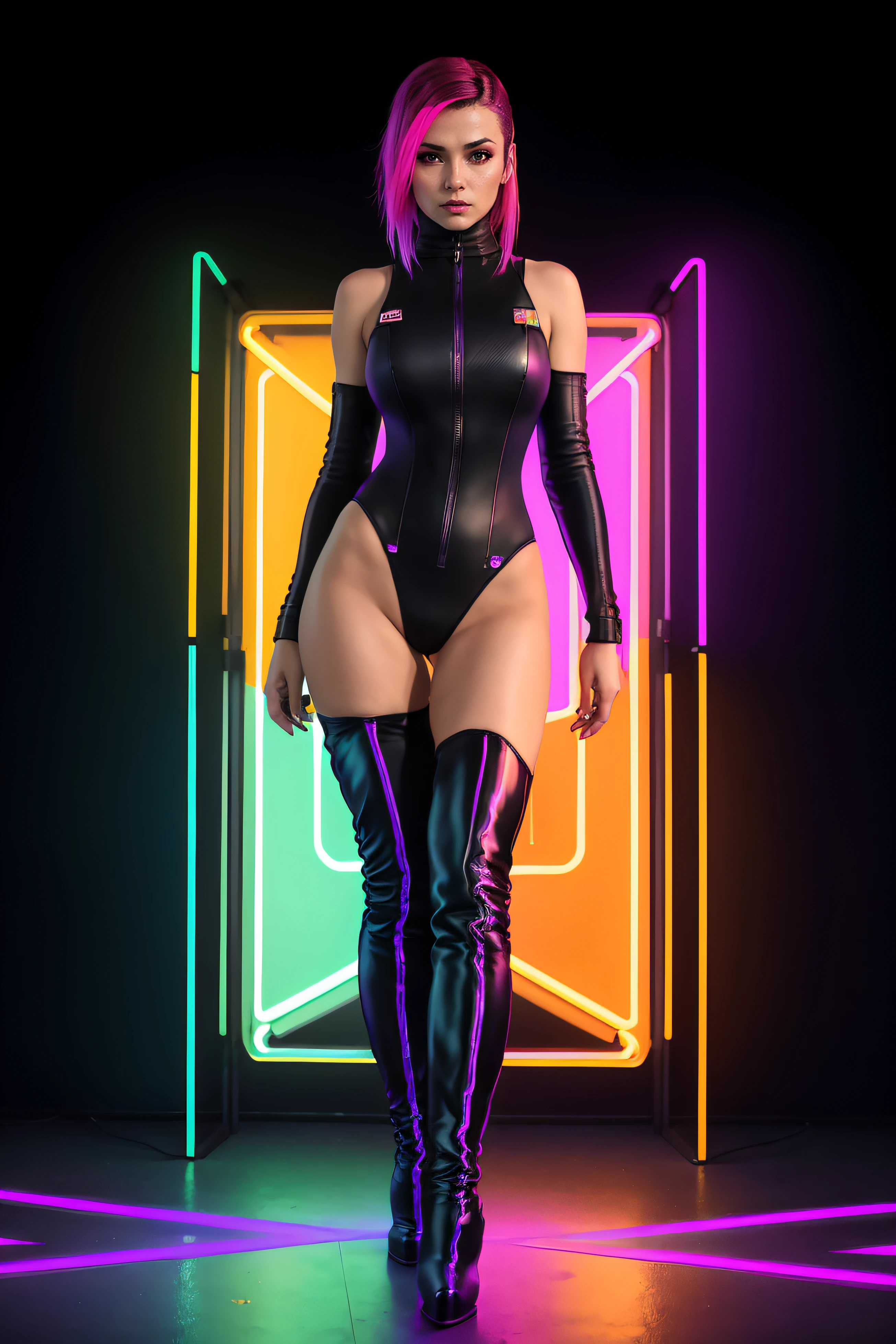 there is a woman standing with a rainbow light, 3 d neon art of a womans body, neon-noir background, cyberpunk femme fatale, seductive cyberpunk dark fantasy, ((thigh high boots:1.4)), cyberpunk strip clubs, cyberpunk 20 y. o model girl, oppai cyberpunk, banner, high definition cgsociety, cgsociety masterpiece, trending on cgstation, kda