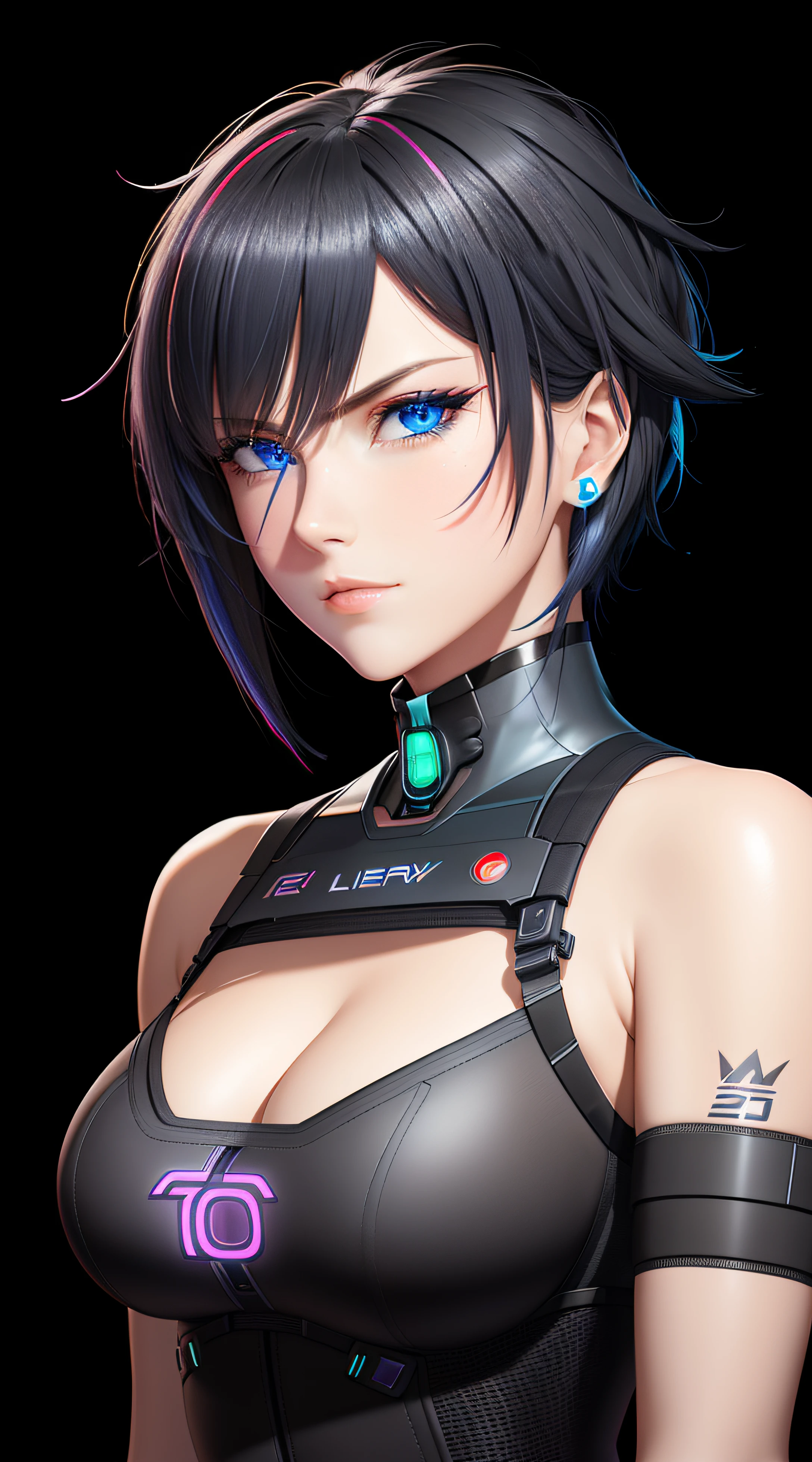 there is a woman standing, Neon streaked Black Hair, Bob Short Hair, cyberpunk femme fatale, seductive cyberpunk dark fantasy, cyberpunk strip clubs, cyberpunk 20 y. o model girl, oppai cyberpunk, Serious Face, Realistic Face Resolution, Realistic, Object Resolution, (dark city night black background:1.4), deep cleavage, banner, high definition cgsociety, cgsociety masterpiece, trending on cgstation, kda