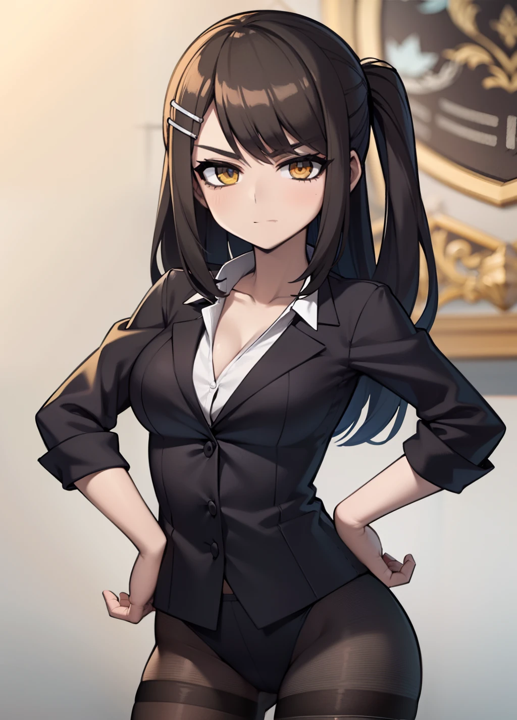 incomparable masterpiece, ultra 8k CG, ultra alta res, arte perfeita, limpo, rosto bonito, rosto puro, cabelo detalhe, finamente detalhado belos olhos e rosto, belos olhos detalhados, hiper extremo detalhado, melhor qualidade, Perfect illustration, extremamente delicado e bonito, extremamente detalhado, papel de parede 8k, Awesome, detalhes finos, arte oficial, papel de parede CG 8k extremamente detalhado, incrivelmente absurdos, tamanho de arquivo enorme, ultra-detalhado, extremamente detalhada, bonita detalhada, olhos e rosto extremamente detalhados, 1girl, solo, (chabashira sae:1.2), rabo de cavalo alto, terno, jaqueta, decote, velho, envelhecido, matural female, milf, seios pequenos, labia, olhando para o espectador, hands on hip, segurando caneca de cerveja, standingn, brown pantyhose, thighband pantyhose, grampo de cabelo, cabelo castanho, olhos castanhos, corpo inteiro, camisa branca, camisa de gola, blush, nariz blush, sorriso, boca fechada,