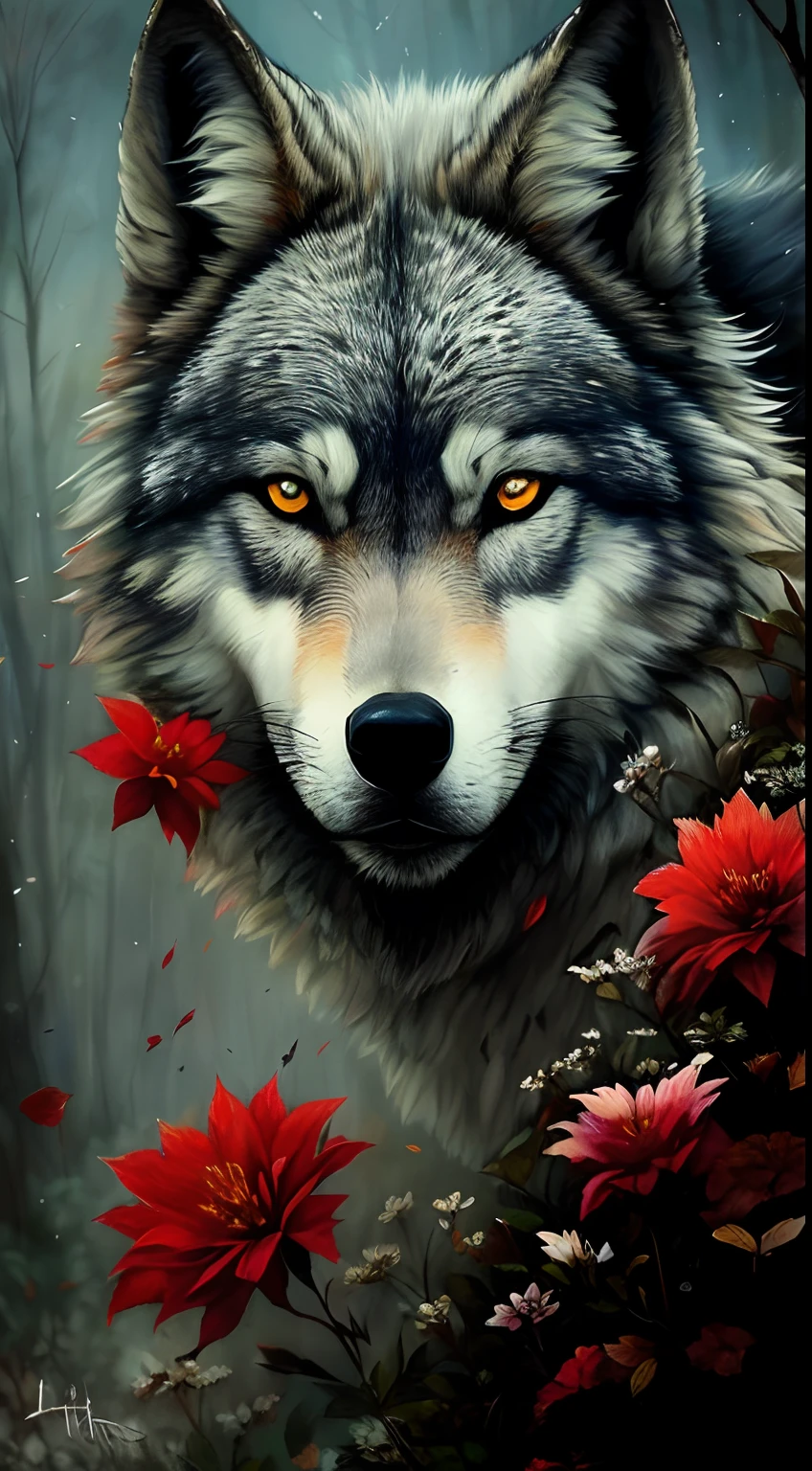 pintura de um lobo em uma floresta com flores vermelhas, retrato do lobo, grande lobo, lobo, lobo cinzento escuro, foto de lobo, Retrato de um lobo, lobo peludo, retrato do lobo da fantasia, lobo, alpha wolf head, Ele tem olhos de lobo amarelos, wolf head, Lobos e seus tesouros, Meio Lobo, Lobo no inferno, Lobo cinzento escuro O'Donnell