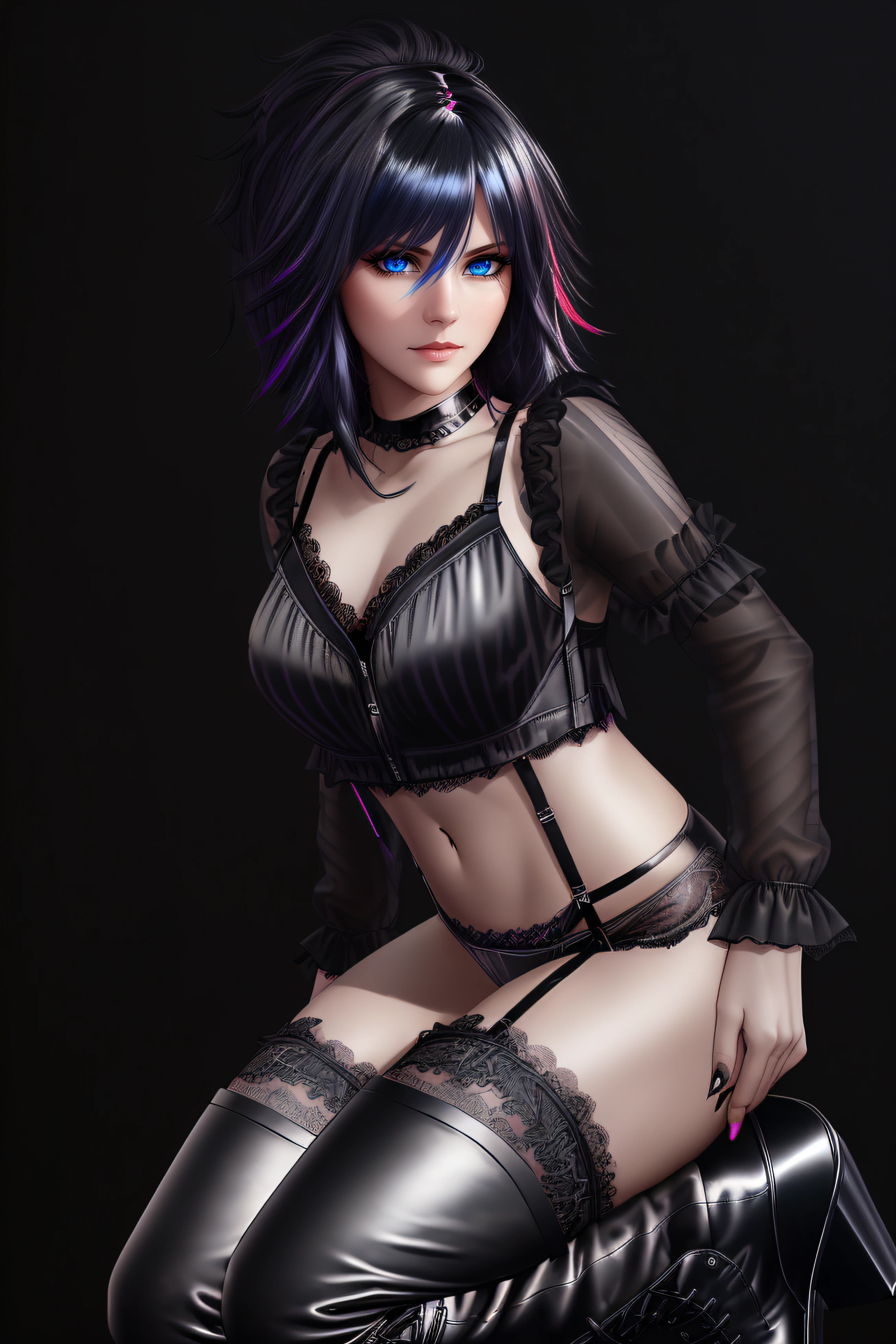 25-Year-Old Woman, short bright neon streaked black hair, (seductive pose:1.2), black eyeshadow, (lace underwear:1.4), (high heel leather boots), ((dark plain black background:1.4)), Serious Face, Realistic Face Resolution, Realistic, Object Resolution