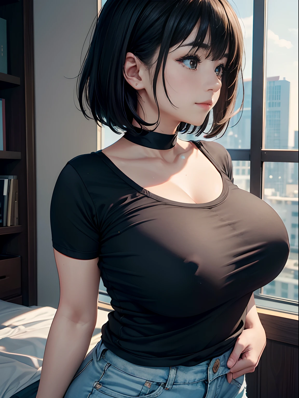 a 20 yo woman、(masterpiece:1.4)、(in 8K、realisitic、Raw photo、top-quality:1.4)、(Real Face:1.4)、(real looking skin:1.3)、超A high resolution、A hyper-realistic、Black eyes、black hair shorthair、耳环、Gray T-shirt、(huge-breasted:1.5)、Blushing、alluring face、a smile、profile、Profile close-up
