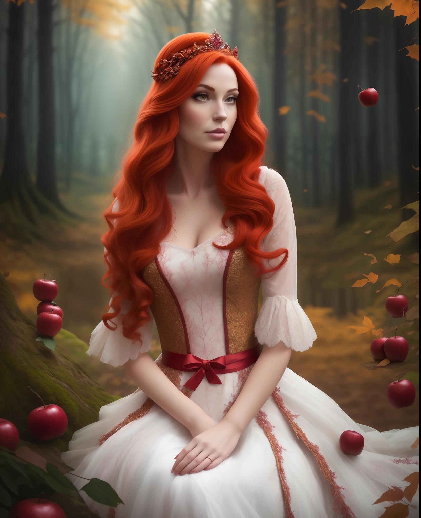 A woman with red hair sitting in a forest with apples, linda donzela fantasia, retrato bonito da arte da fantasia, Deusa dos cabelos ruivos, bela arte de fantasia, retrato bonito da fantasia, fotografia de fantasia, fantasy fairytale story, mulher ruiva bonita, mulher ruiva, em uma floresta de conto de fadas extravagante, lovely dark autumn princess, donzela bonita, com longos cabelos ruivos, arte de fantasia muito bonita, fotografia de fantasia realista