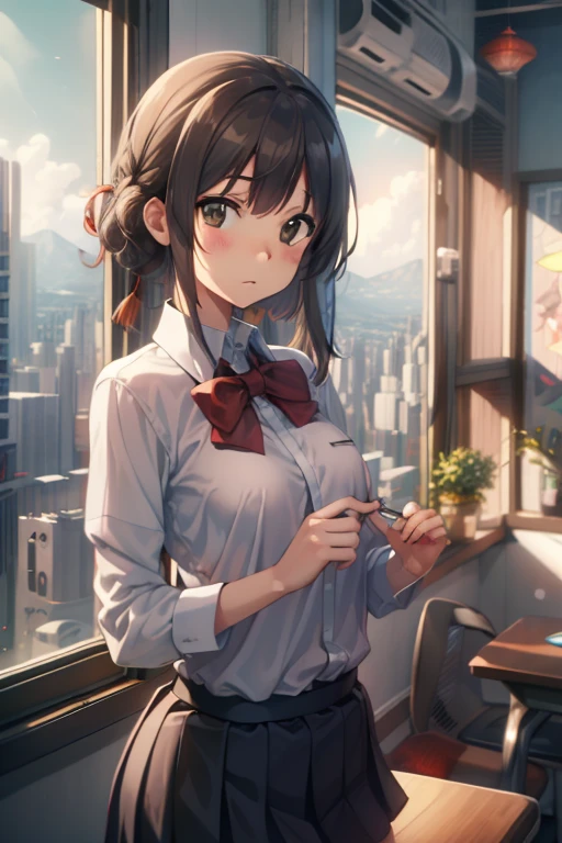 mitsuhamiyamizu, mitsuha miyamizu, black hair, (brown eyes:1.5), hair ribbon, (small breast:1.2),
BREAK bow, bowtie, kneehighs, pleated skirt, red bow, red bowtie, school uniform, skirt
BREAK looking at viewer,
BREAK indoors, classroom,
BREAK (masterpiece:1.2), best quality, high resolution, unity 8k wallpaper, (illustration:0.8), (beautiful detailed eyes:1.6), extremely detailed face, perfect lighting, extremely detailed CG, (perfect hands, perfect anatomy),