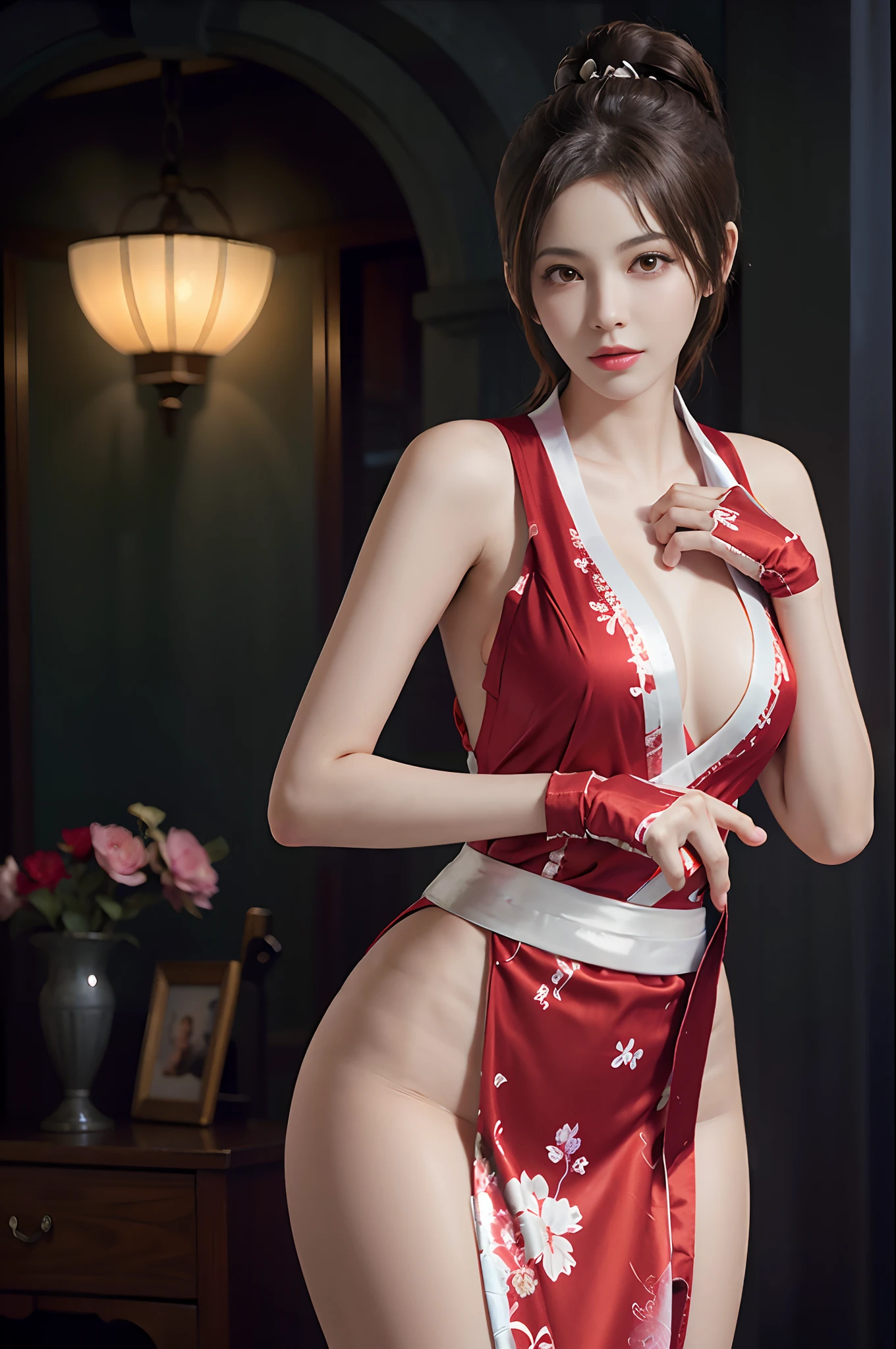 Surrealist portraits of women by David Hockney and Alphonse Mucha,Fantasyart,photographrealistic,动态照明,art stations,poster for,Volumetriclighting,Very detailed faces,4 k'',Award-Awarded,,japanese beautiful woman,huge tit,low chest,Bigchest,pony tails,mai shiranui,mai shiranui