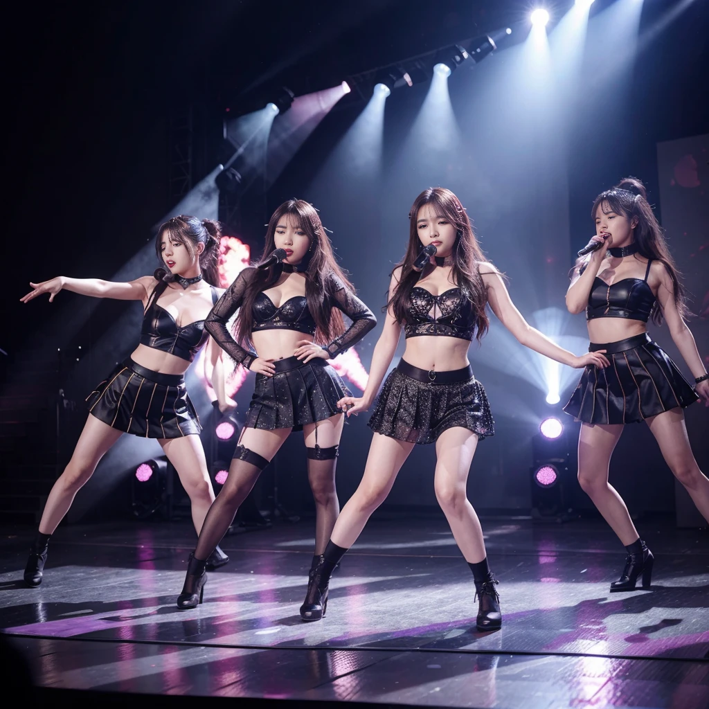 A scene where three cute girls perform a sexy dance. The costumes are super sexy, with a black base.