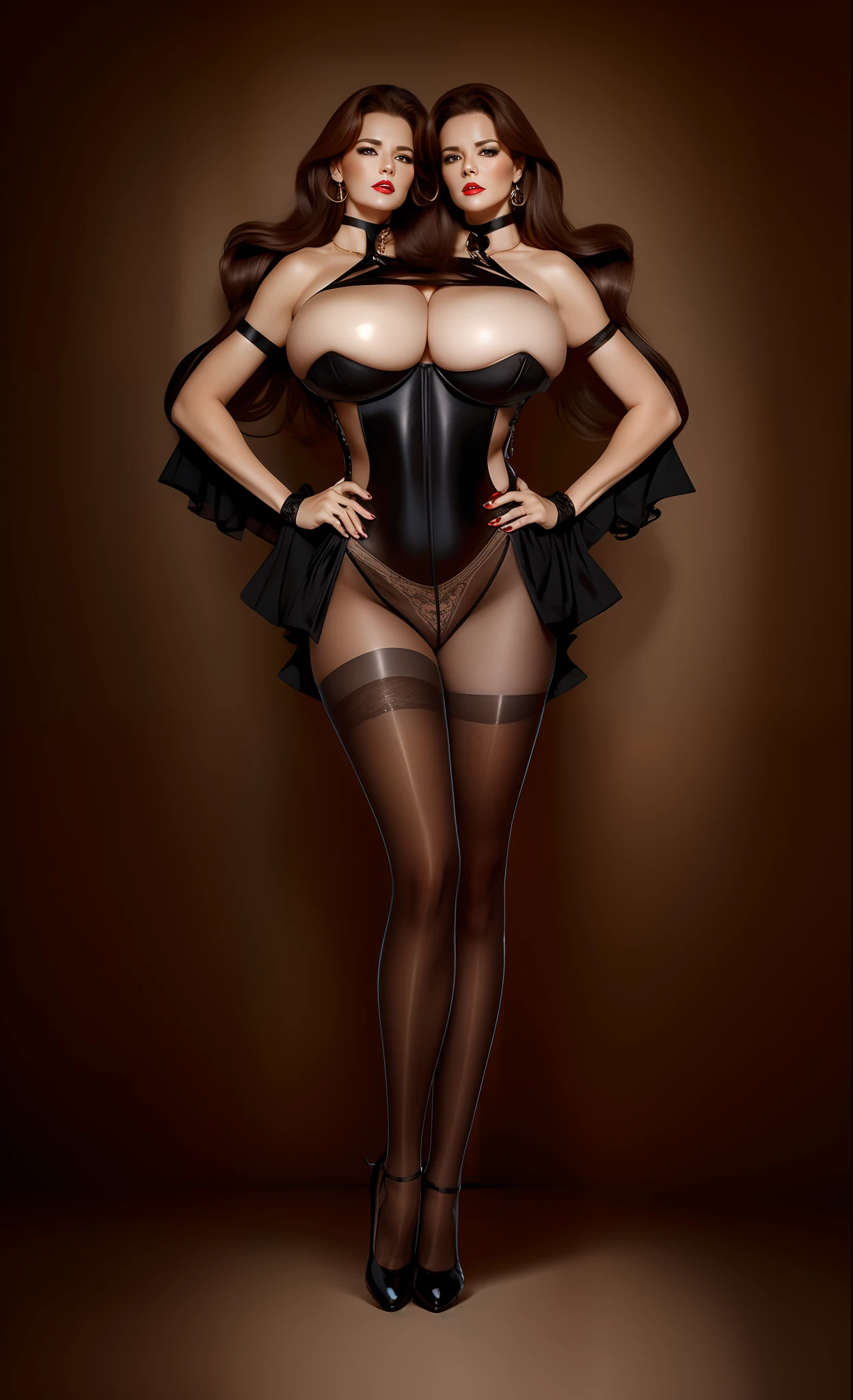 2 heads,Photo of a 50-year-old woman with brown hair, a captivating gaze, Brown eyes, Wrinkles on her face, Black hose,Black High Heel Boots,She wears very sexy gerie underwear、、Revealing her large sagging breasts,makeup and red lips. 32K