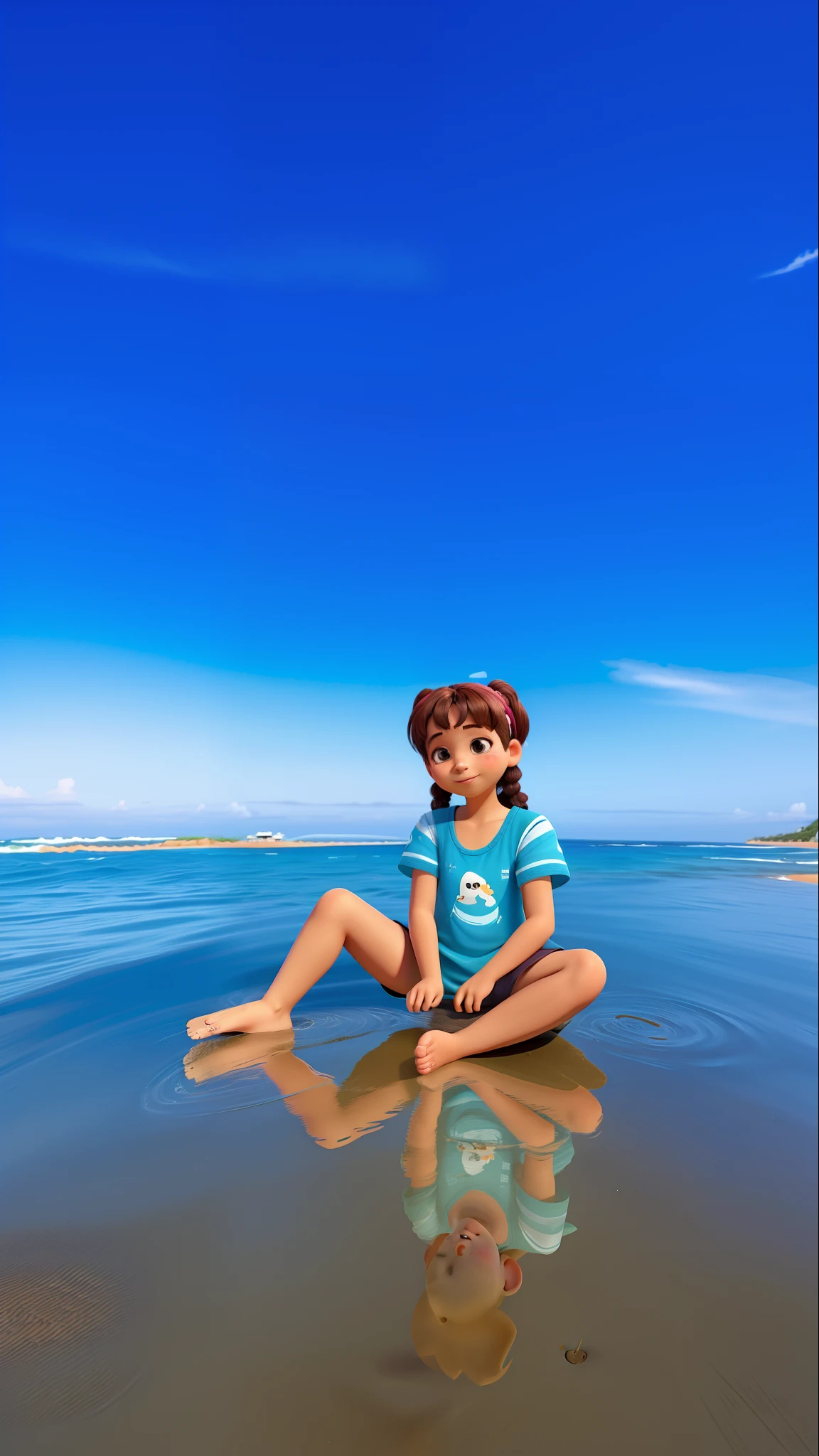 There is a little girl sitting on the beach, Realistic anime 3 D style, render of a cute 3d anime girl, Guviz-style artwork, lovely digital painting, 3 d anime realistic, anime styled 3d, cute 3 d render, Kawaii realistic portrait, render of april, Photorealistic anime, 3d anime girl