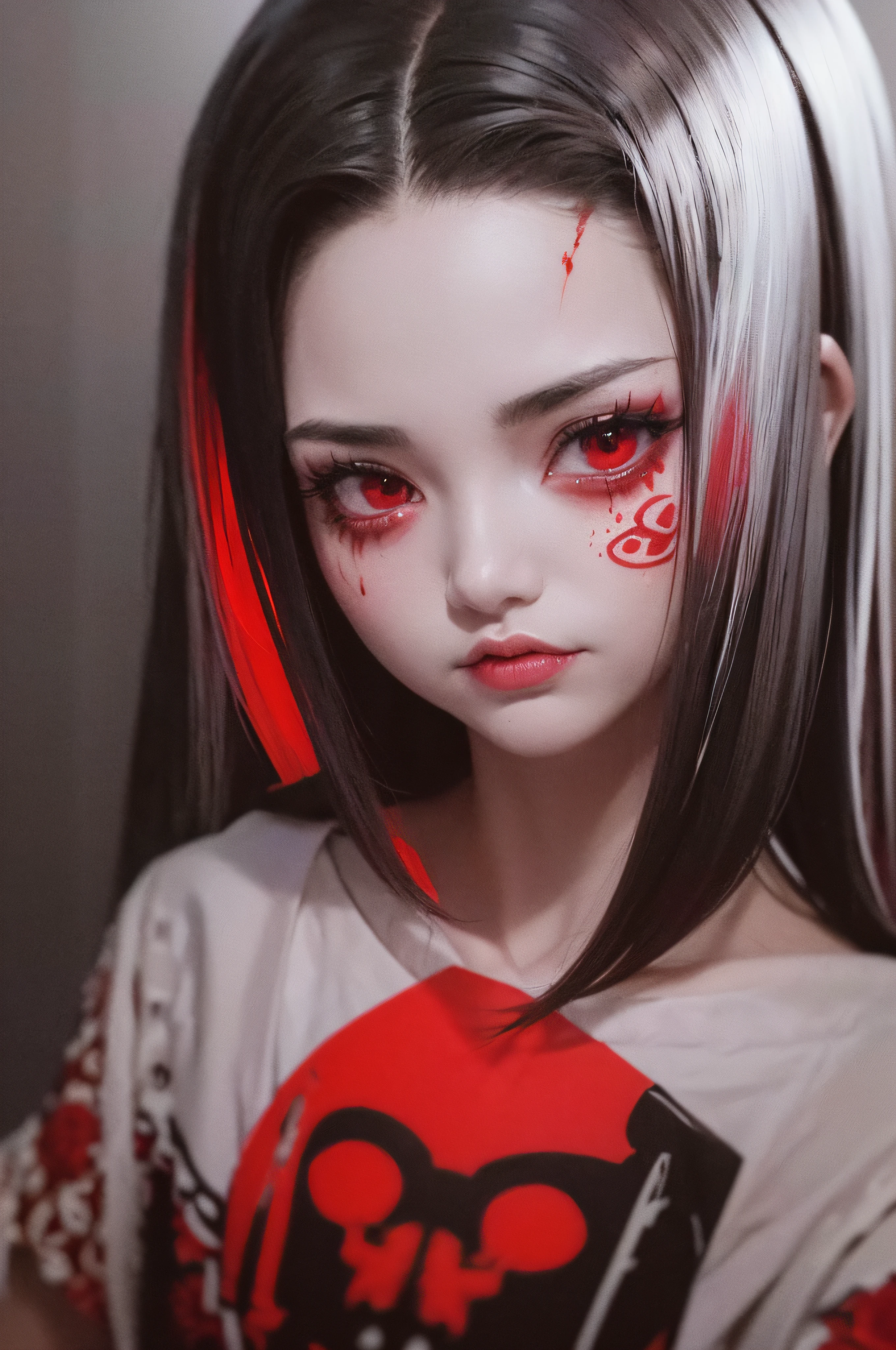 "(The best lighting, oscuro, dramatic),(feto calavera geisha escupiendo tinta roja, Cicatrices, sexy, cerebro, sangre, una rata dentro de la cabeza, terror.),(ojos rojos, calaveras). volumetric light.