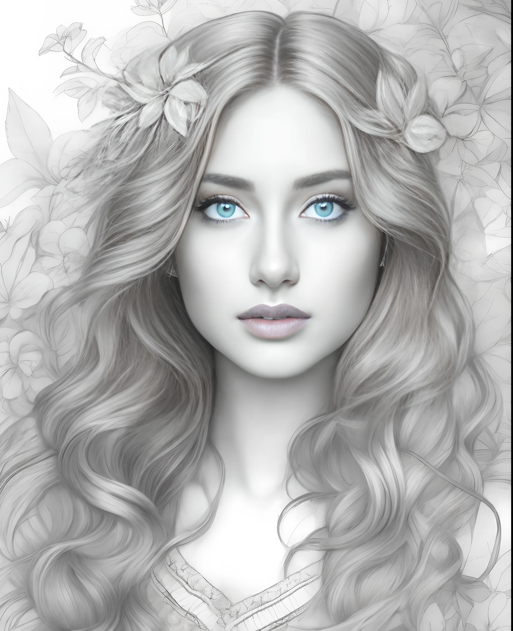 um desenho de uma mulher com cabelos longos e flores no cabelo, Arte bonita UHD 4K, Arte digital realista 4K, Arte digital realista 4K, high quality sketch art, arte de linha requintada, bela arte digital, linda arte digital linda, exquisite digital illustration, retrato de beleza detalhado, retrato bonito da arte da fantasia, mulher da beleza com rostos detalhados, bela arte digital