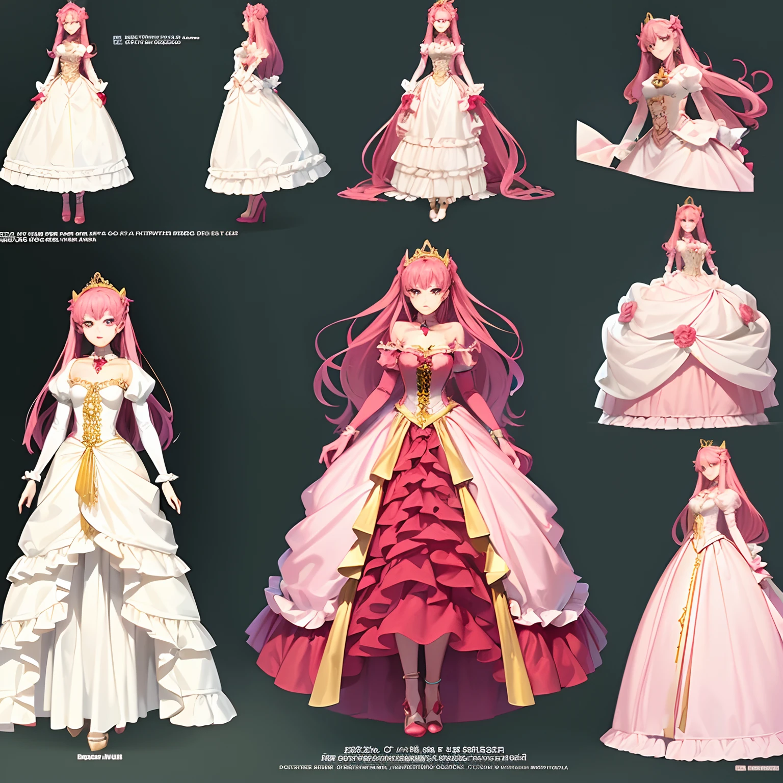 Reference sheet for a pretty  princess, drawn in anime style, long red pigtails hair, pink eyes, small breast, lipstick, steampunk, red princess gown with puffy sleeves, corset, ribbons, white elbow gloves, ruby earrings and necklace, gold tiara, high heels, standing elegantly, simple background.