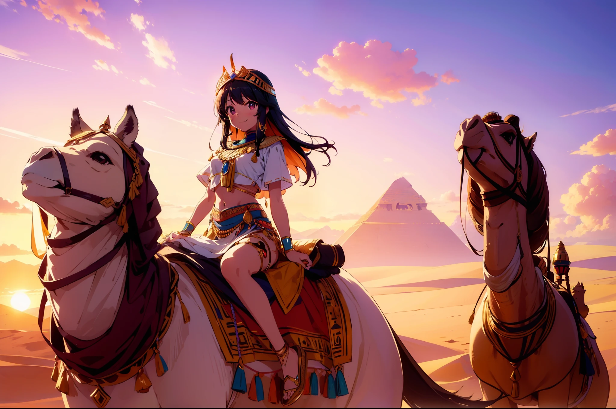 1 cute girl, egyptian traditional costume , riding a camel, desert , close to viewer, character focus ,cinematic lighting, sunset ,smile , ((masterpiece)), ((best quality)), ((ultra-detailed)), (illustration), ((an extremely delicate and beautiful))