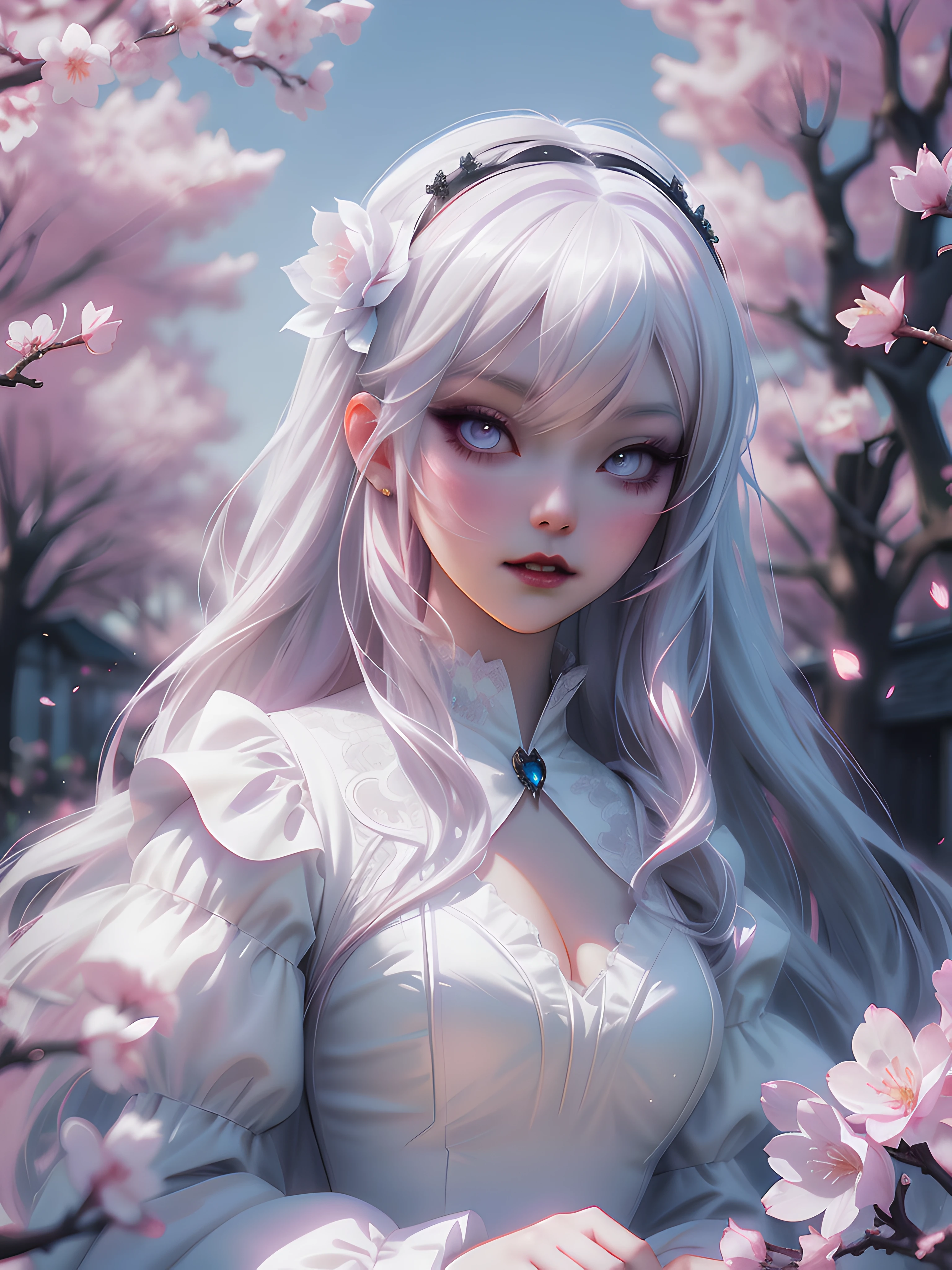 (solo:1.3) anime Vampire Princess, long white hair, gothic style, roses in hair, dark black eyelashes, white glow irises, light blue dress, digital illustration, comic style, gothic renaissance, perfect anatomy, centered, approaching perfection, dynamic, highly detailed, under a cherry blossom tree, artstation, concept art, smooth, sharp focus, illustration, art by wlop and ross tran ,glitter, cherry blossom park, (urban background)
