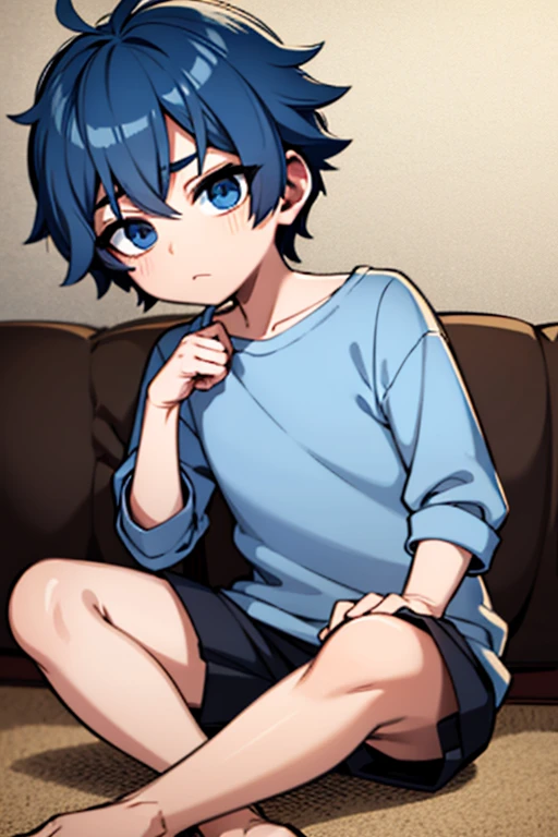 A blue haired baby boy with silver eyes is playing with flames and ice in a comfy outfit in a living room.