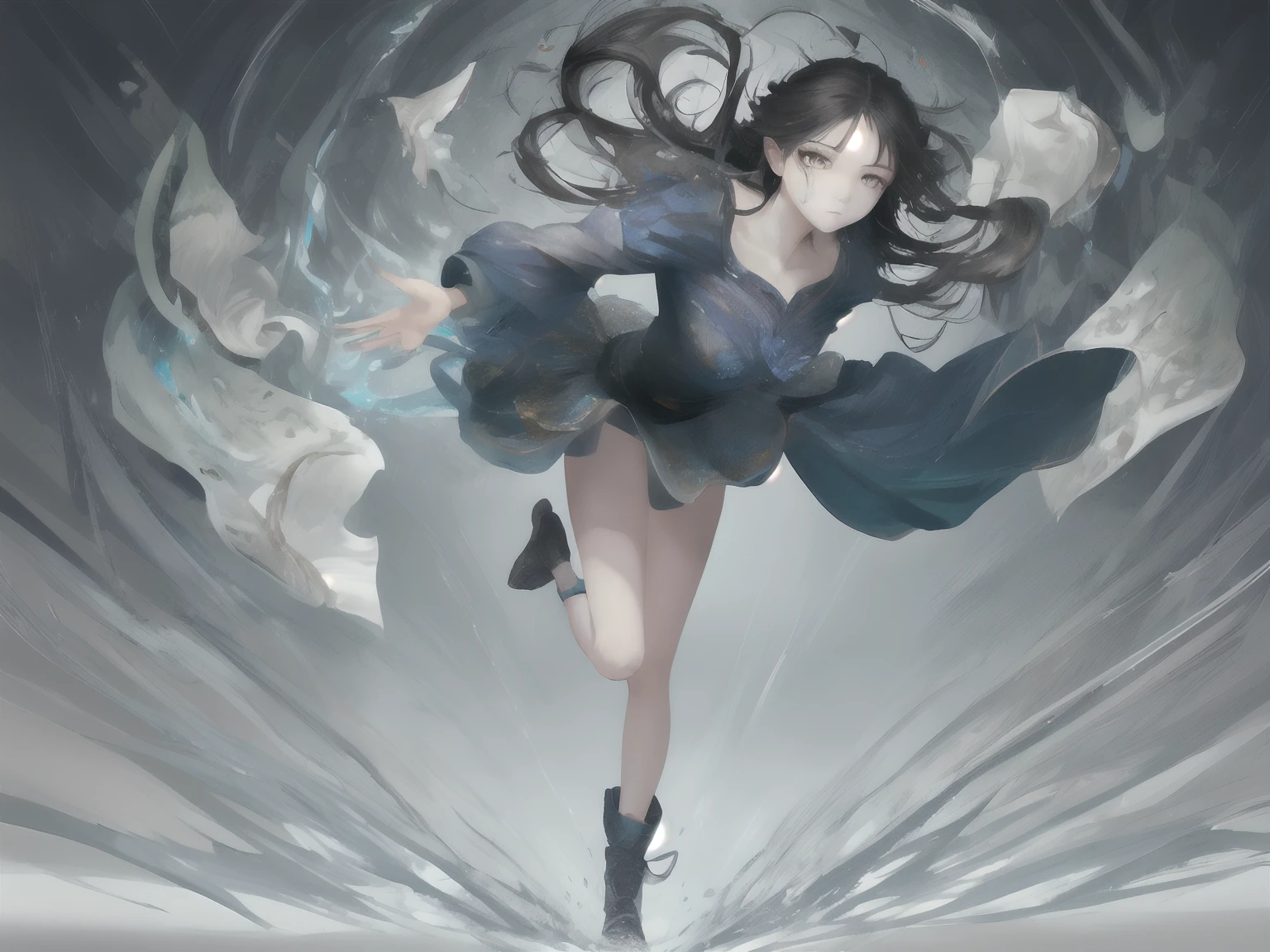 (masterpiece), (best quality), (ultra detailed), pale, (1girl), (Fashionable clothing), standing,Fashion model,looking at viewer, (minimalistic background), beautiful_detailed_eyes,delicate_beautiful_face, Floating, (high saturation), (colorful splashes), focus on face, black hair, braids, glasses, cyan eyes