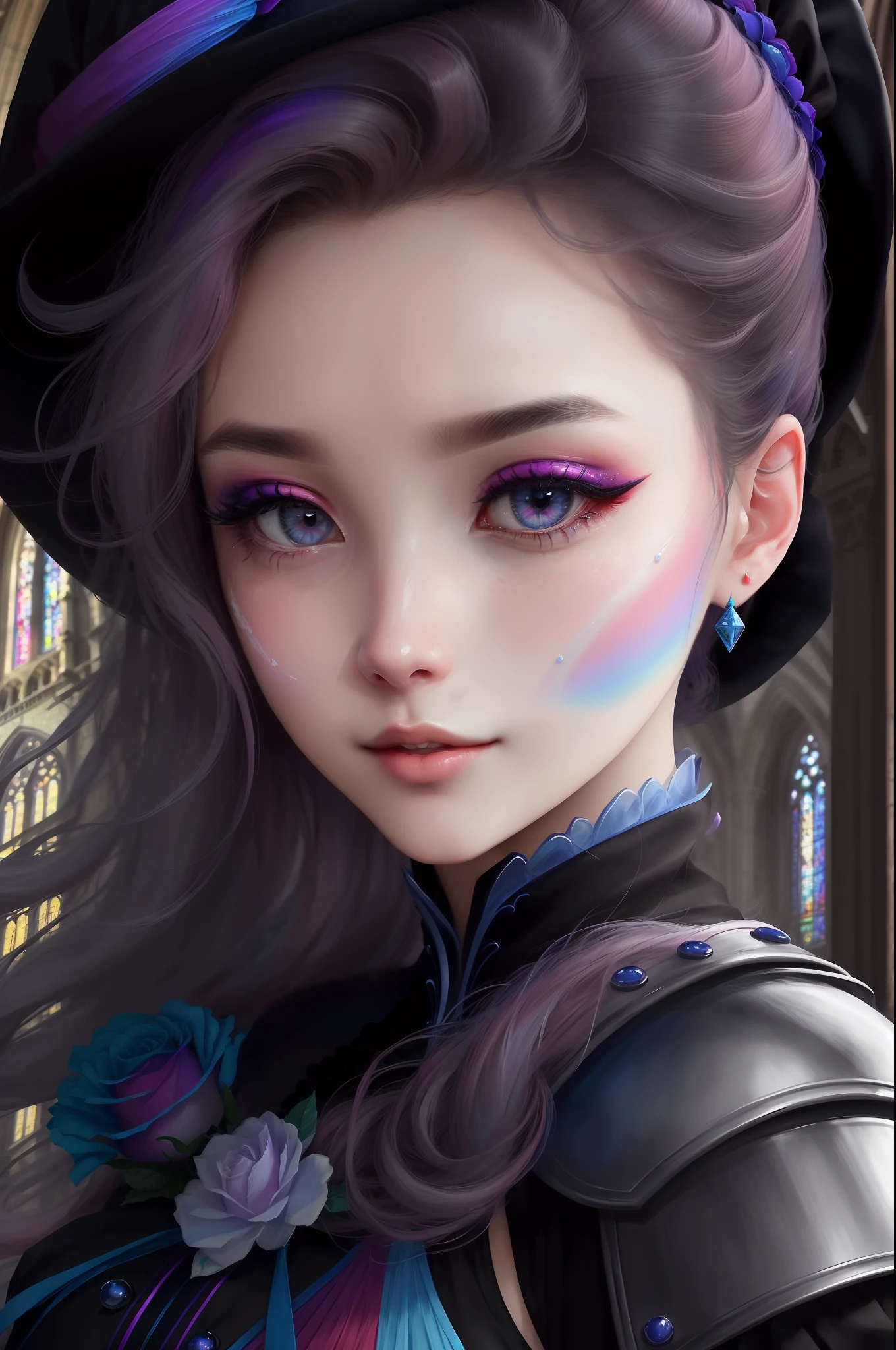 Strong Dragon Knight Princess、A woman equipped with colorful armor in front of the cathedral is a mysterious beauty、Its face is、Orphan's face、makeups、Same hairstyle。skincare: Orphan's skin is RuiIt is transparent。To condition the skin、I try to have the right skincare routine。To create transparent skin、Use a thin foundation or BB cream、Natural finish。eye make up: How to make eyes like Orphe bright colours or pastel eyeshadow to make your eyes look gorgeous.。Lip Makeup: Natural ruddy lip color。It's Orphan Hair。Shire is、A beautiful sight that captivates the hearts of all who see it。The cathedral is a complex architectural design with rainbow colors.、Balanced and beautiful。Heavily detailed、breathtaking beauty、precise linear、with a vibrant、Hair swaying with the movement of the wind、outfits。Master's masterpieces。Comprehensive film、Carne Griffith、Conrad Rose、(the most beautiful portrait in the world:1.5)