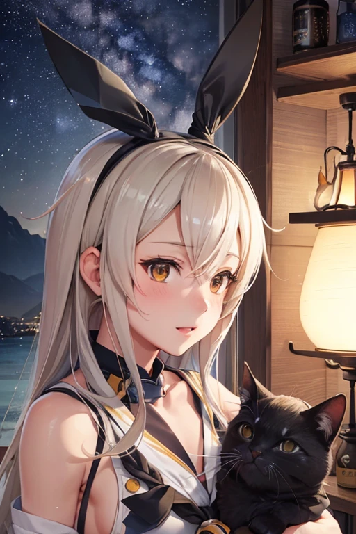 Hyper Detailed, Perfect Anatomy, Highly detailed and delicate, 1 girl, shimakaze(kancolle), 1 cat, Night, Star, milkyway, Hugging a black cat,
