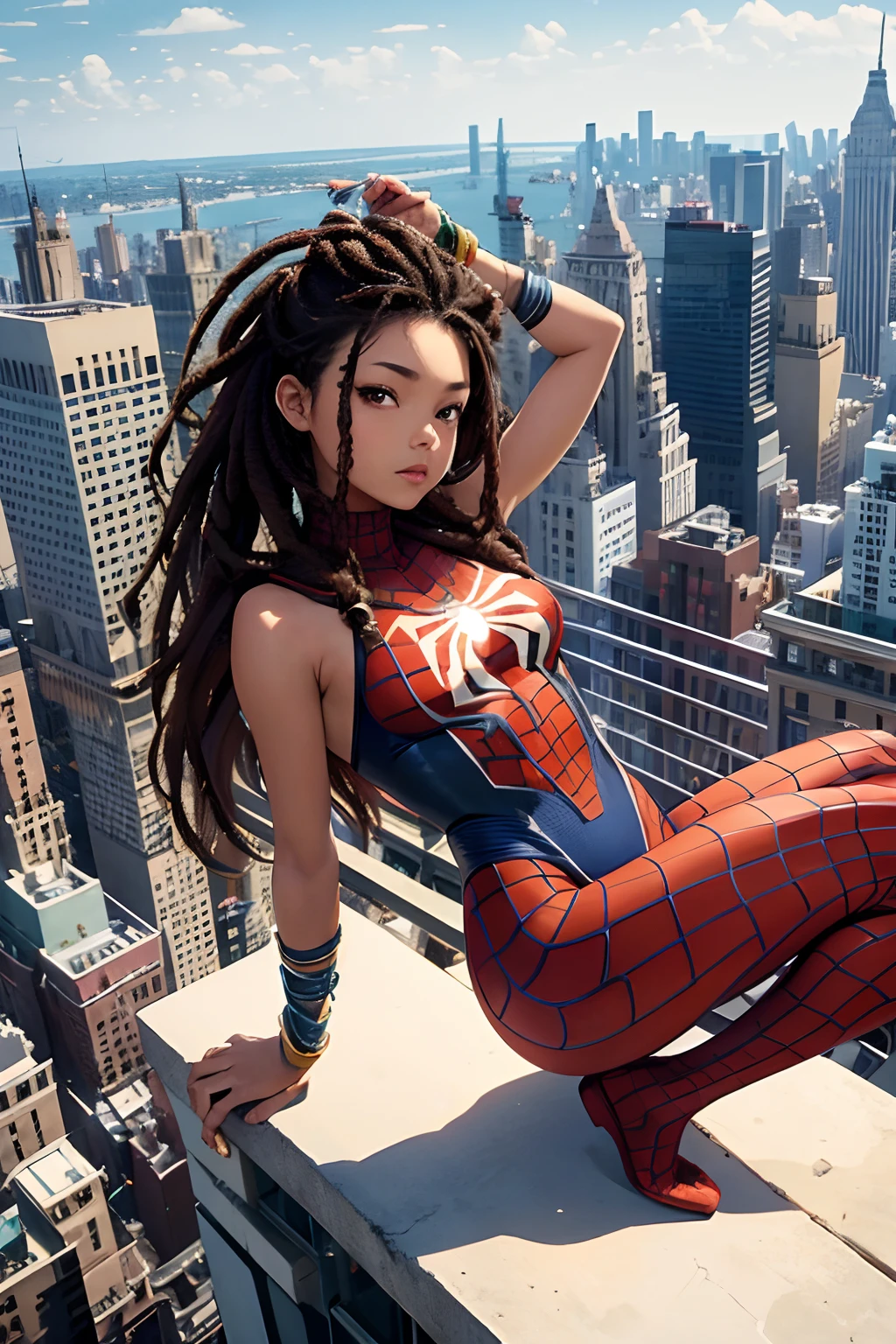 girl, brown skin, asian, fantasy spider-man, dreads, whole body, on top of buildings with New York below sexy pose