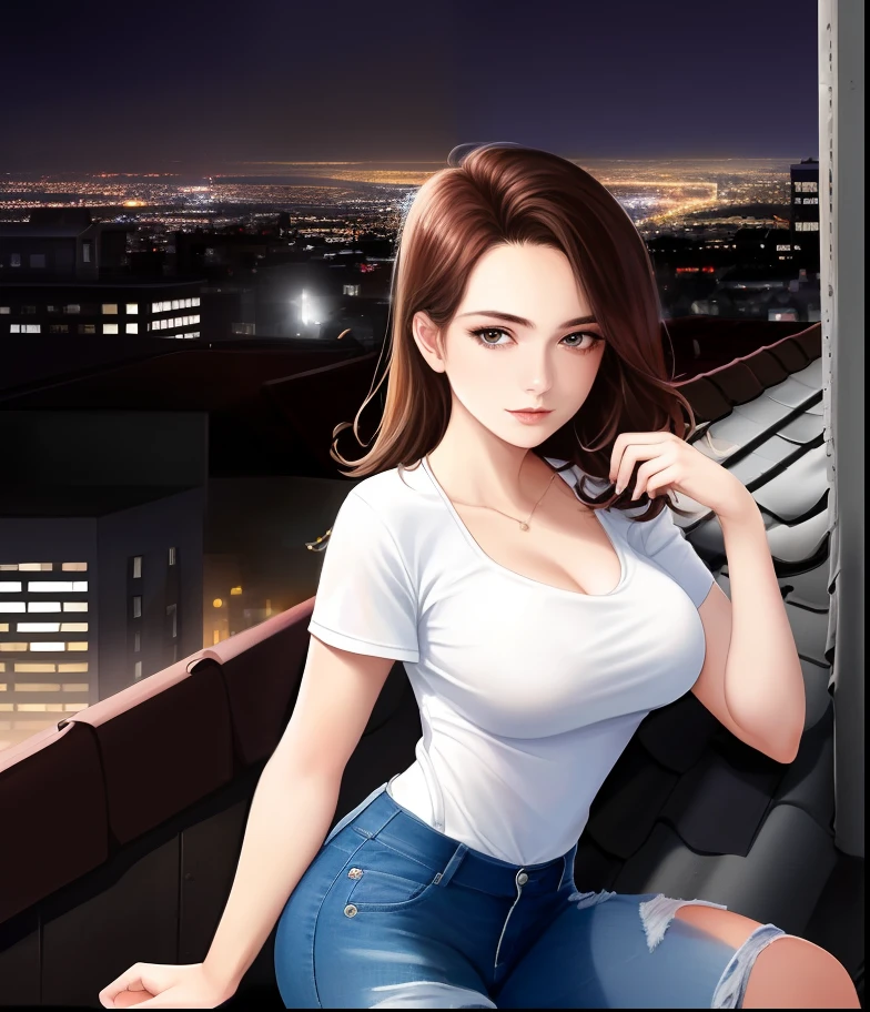 Copy the prompt.
((midnight, beste-Qualit, 8k, master-piece :1.3)), whole body, elongated legs, Sharp focus :1.2, beautiful woman with a perfect figure :1.4, slender abdomen, :1.1, ((Dark brown hair, large boobs :1.2 )), (White tight T-shirt, Jean bib, stand:1.2), ((City view at night, Roof top:1.3)), Highly detailed face and skin, detailed eyes, Double eyelidd