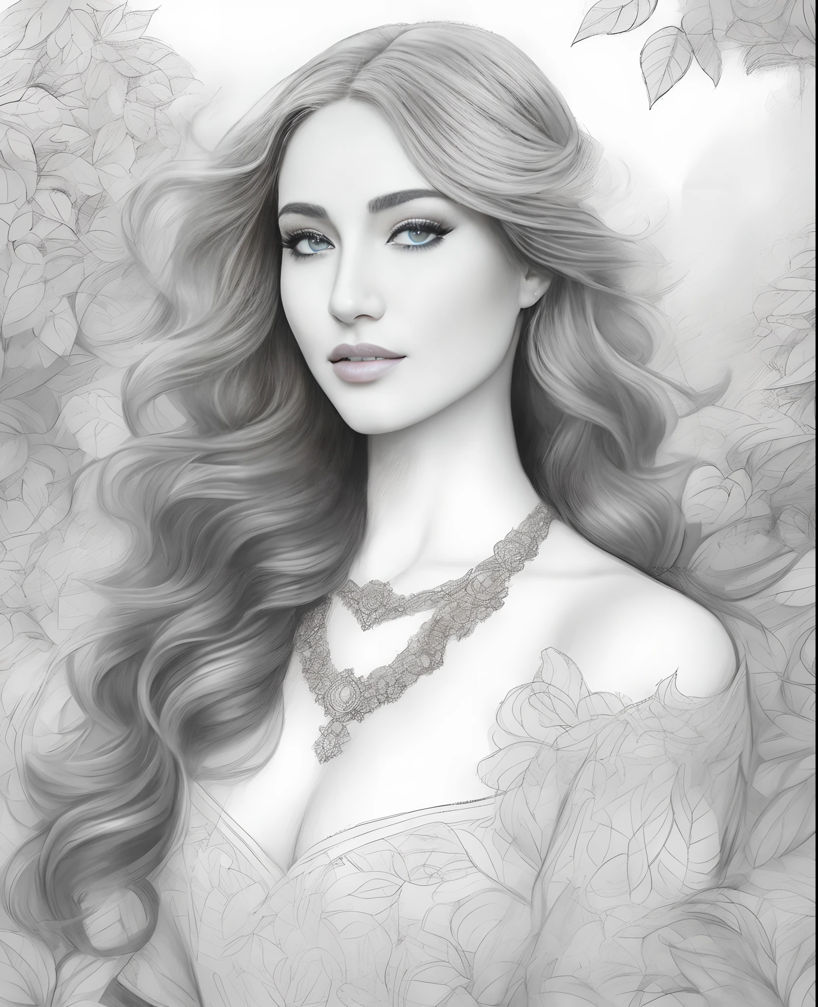 um desenho de uma mulher com cabelos longos e um colar, retrato de fantasia fosco detalhado, exquisite digital illustration, arte de linha requintada, Arte digital detalhada em 4k, Arte digital altamente detalhada em 4k, retrato de beleza detalhado, deusa. Detalhes extremamente altos, retrato bonito da arte da fantasia, retrato bonito detalhado, high quality sketch art, mulher detalhada, arte digital de um elegante